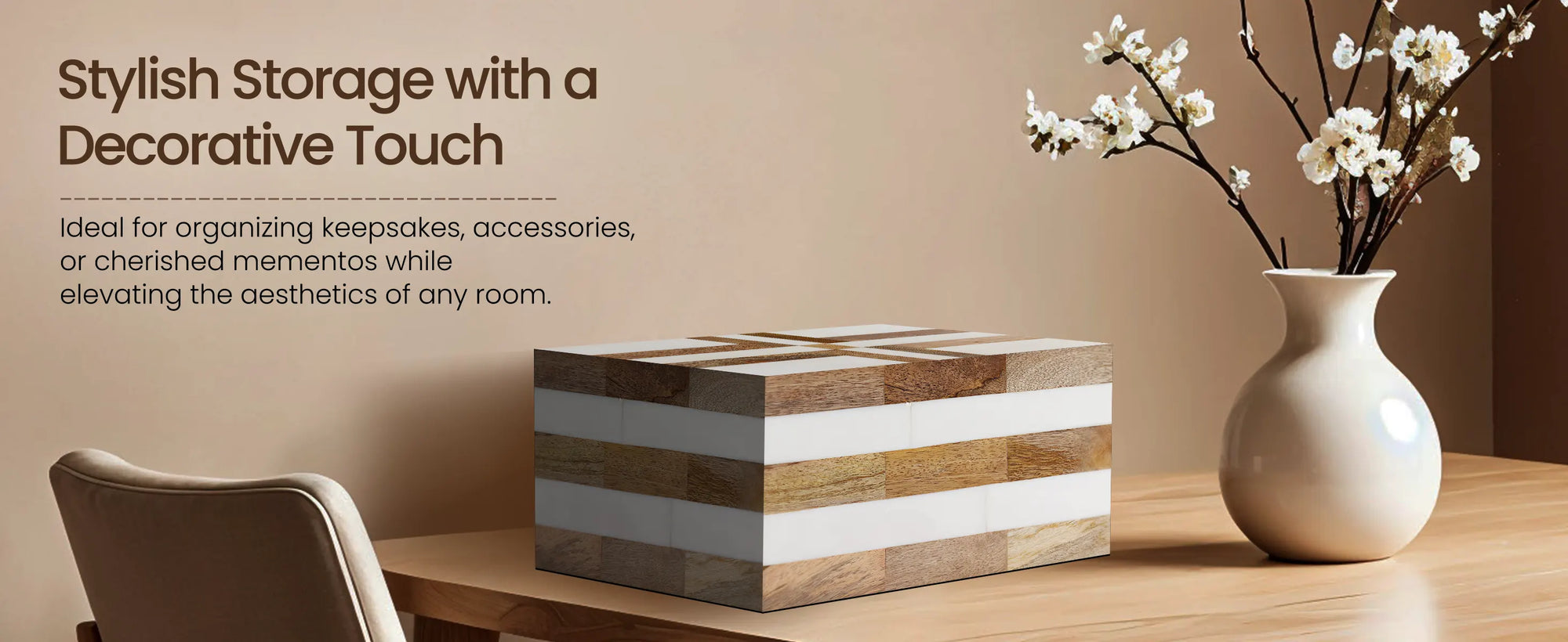 Patisserie Delight Pattern Decorative Storage Box, Resin & Wood Inlay in 7 Sizes, Brown-White