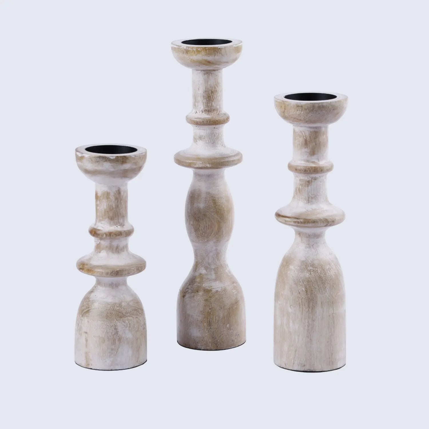Wooden Pillar Candle Holders – Set of 3 Antique White Decor