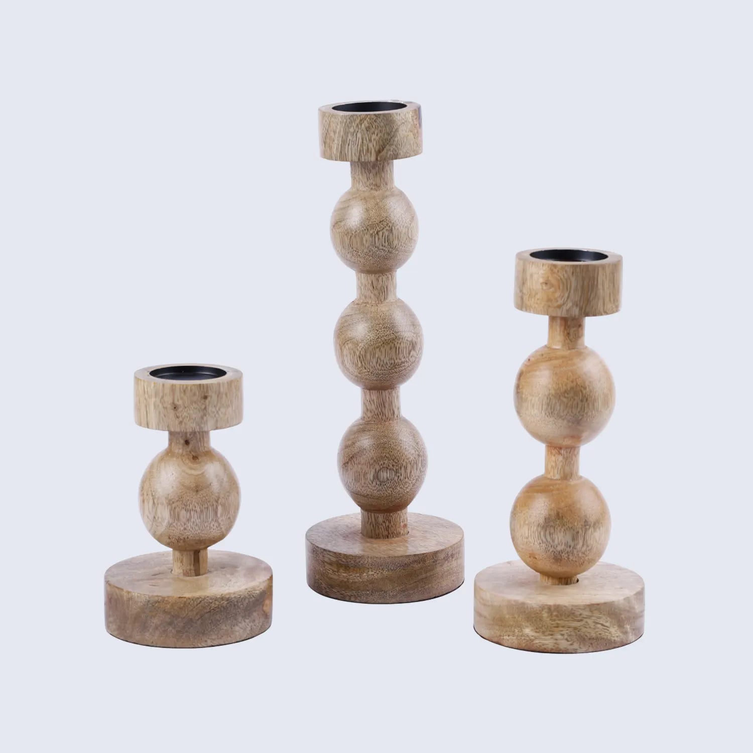 Wooden Pillar Candle Holders – Set of 3 Brown Ball Stand Style