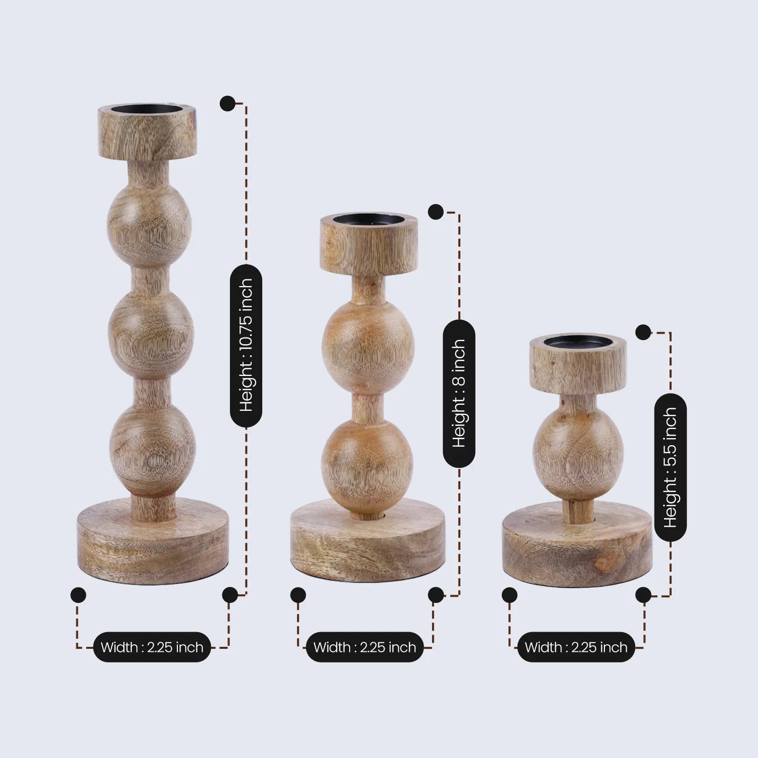 Wooden Pillar Candle Holders – Set of 3 Brown Ball Stand Style