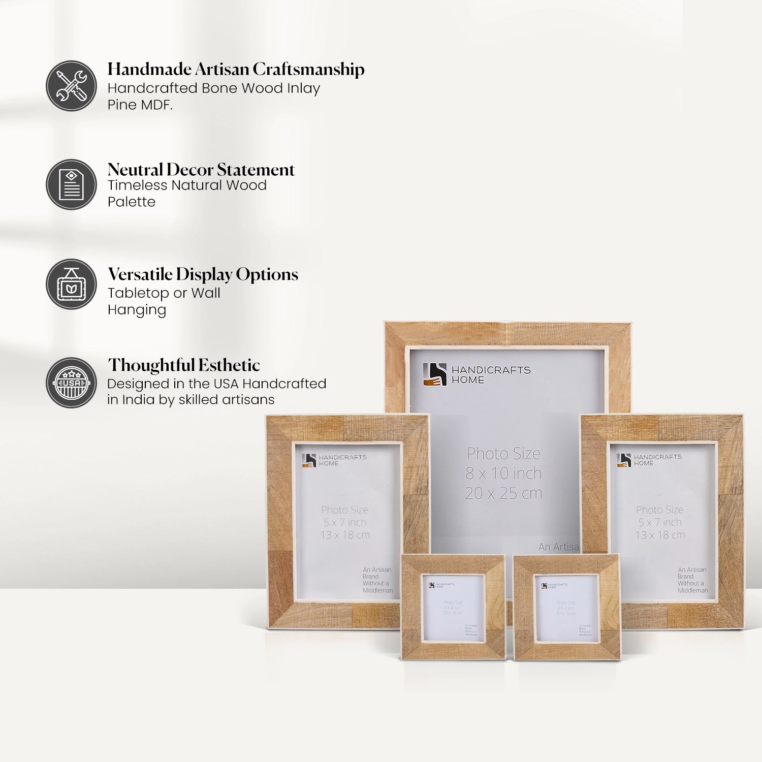 Natural Wood Picture Frame Set for Wall and Table Display (5-Pieces)