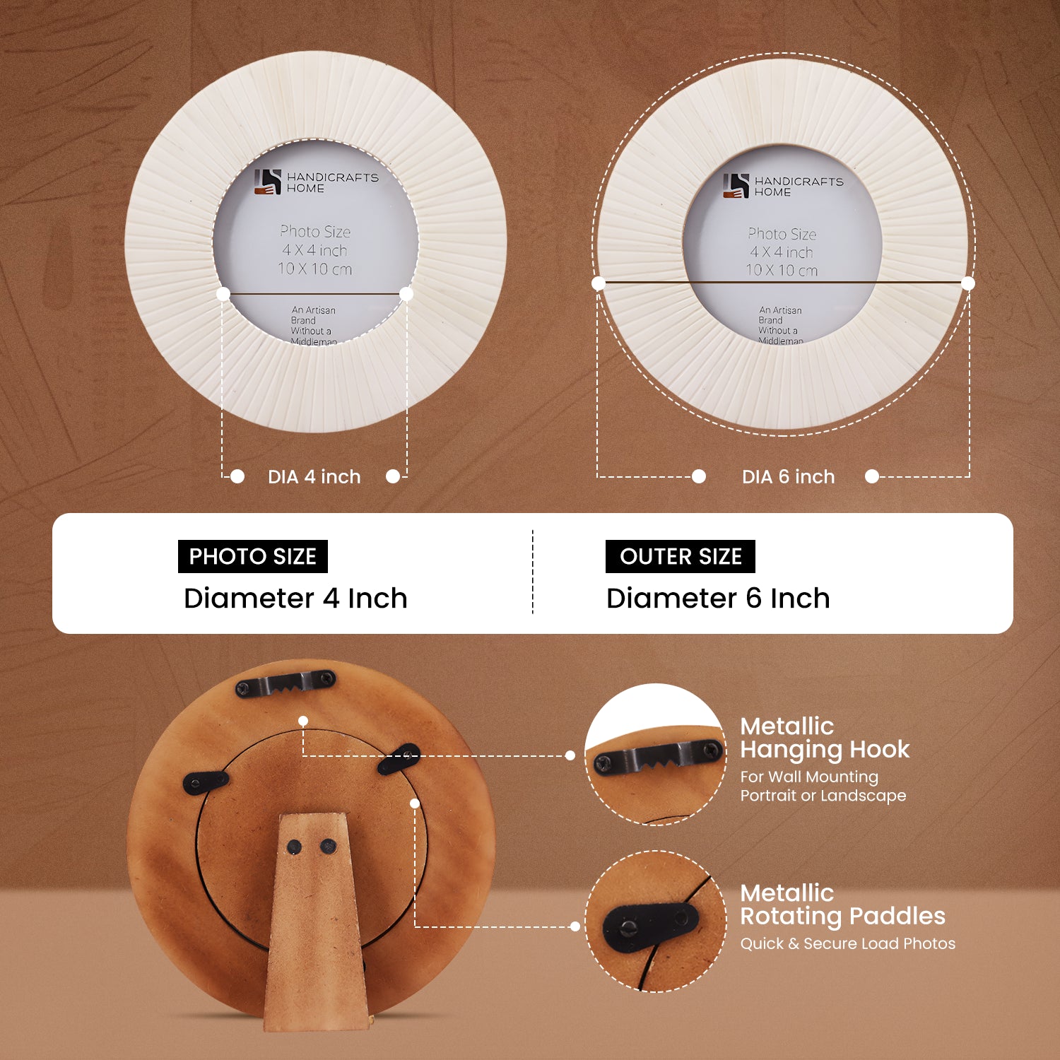 4x4 White Striped Round Baby Picture Frame- Bone Inlay