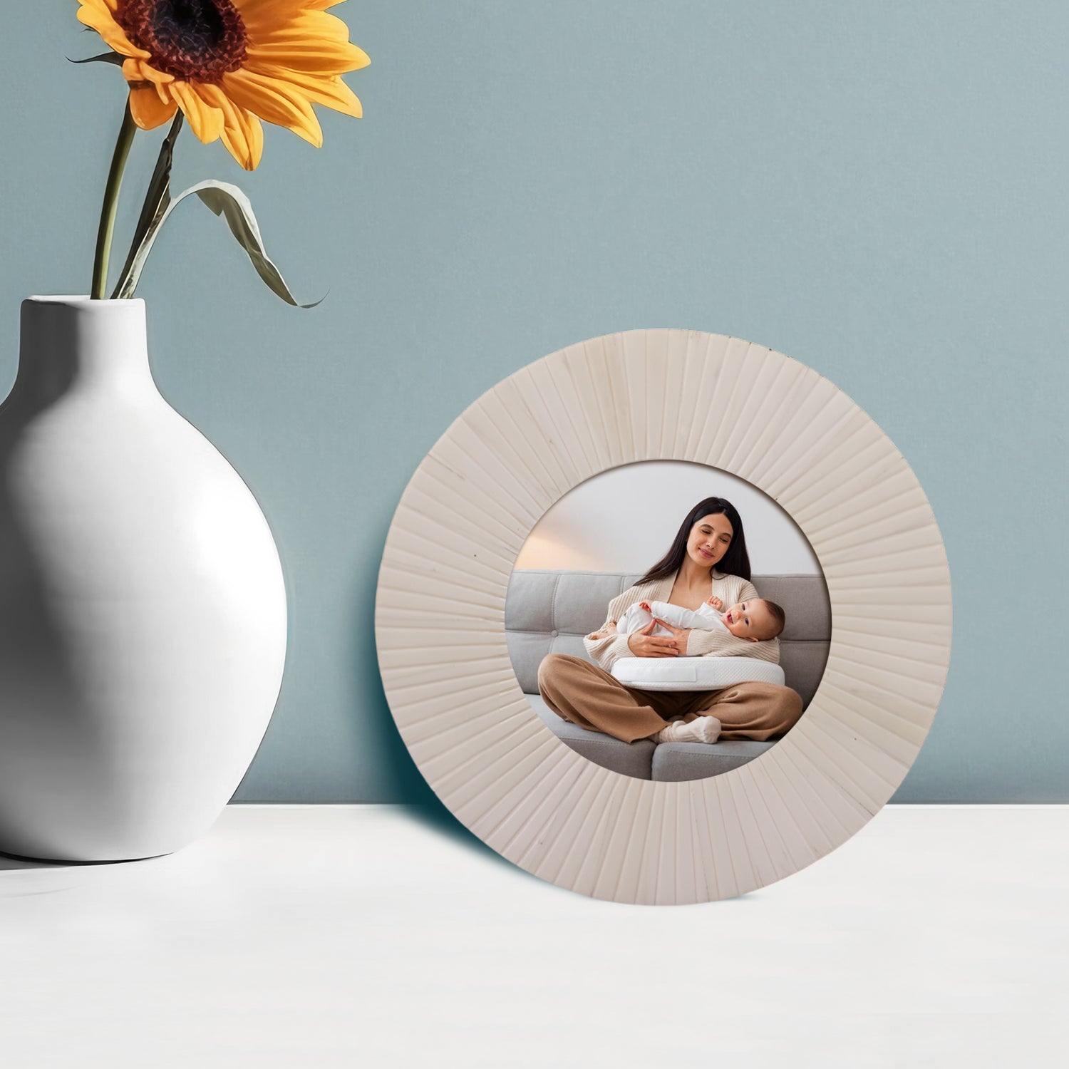 Baby Round Picture Frame Striped Collection Bone Inlay White - 4x4