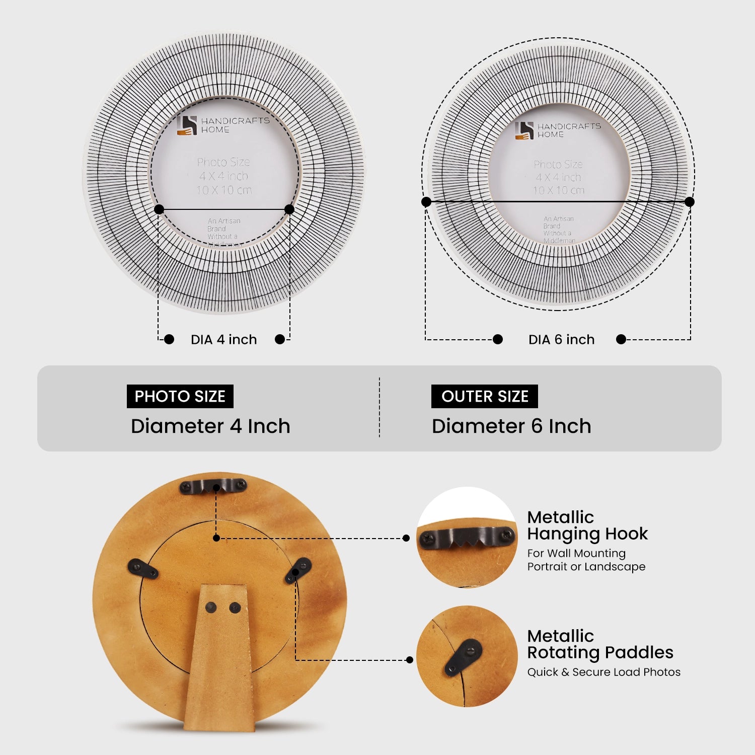 4x4 Round Black & White Baby Picture Frame Linear Sunburst Pattern