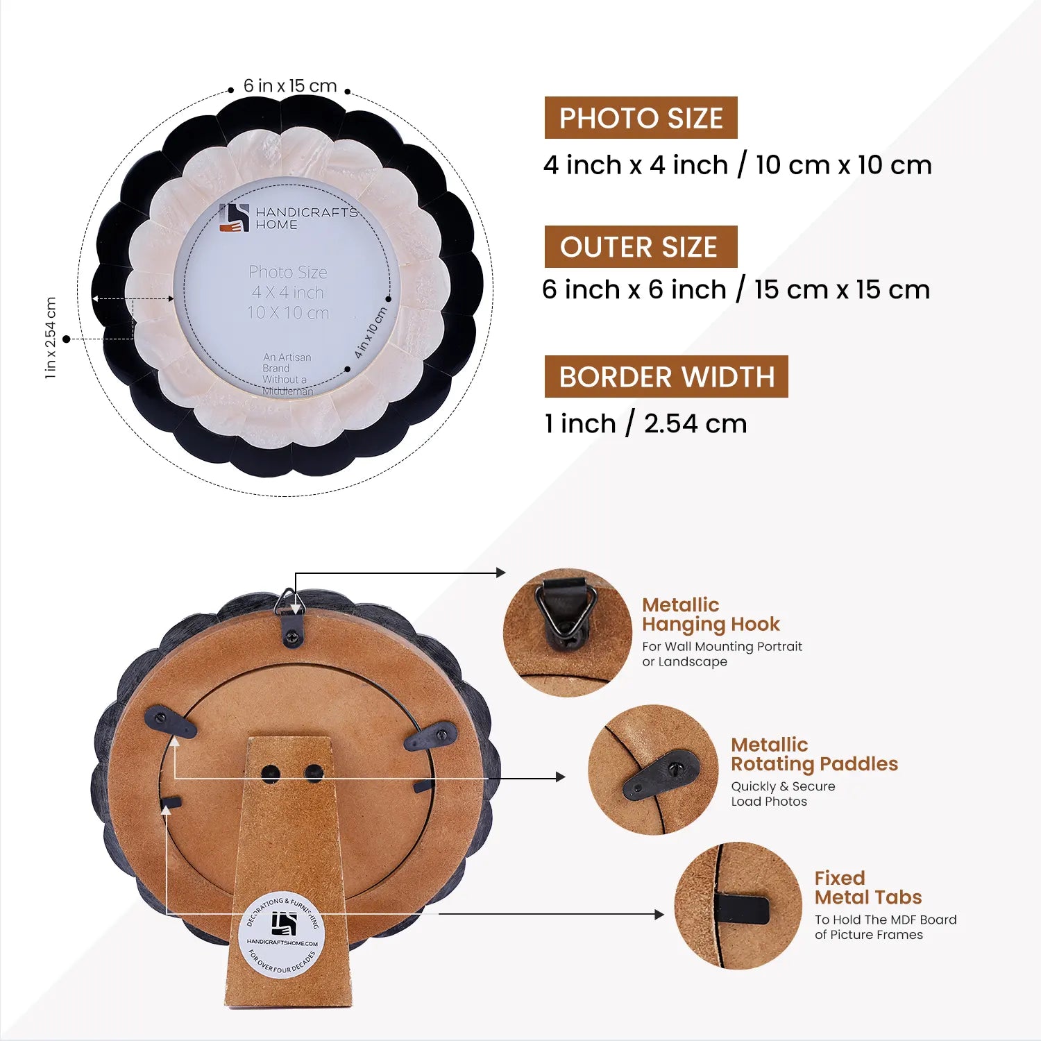 Baby Round Scalloped Resin Inlay Picture Frame, White - Black, 4" x 4"