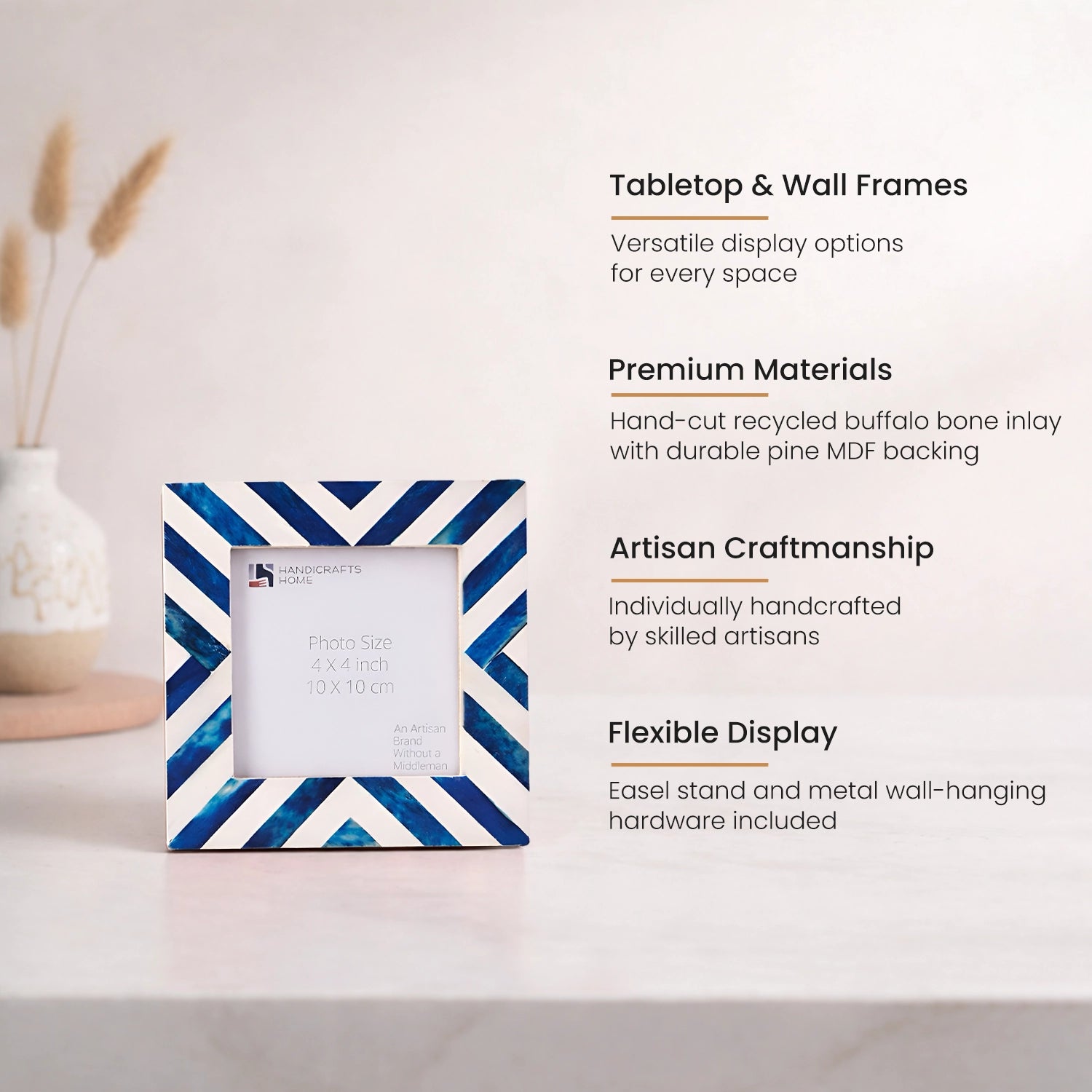 Baby Picture Frames Chevron Pattern Bone Inlay 4"x4", Blue