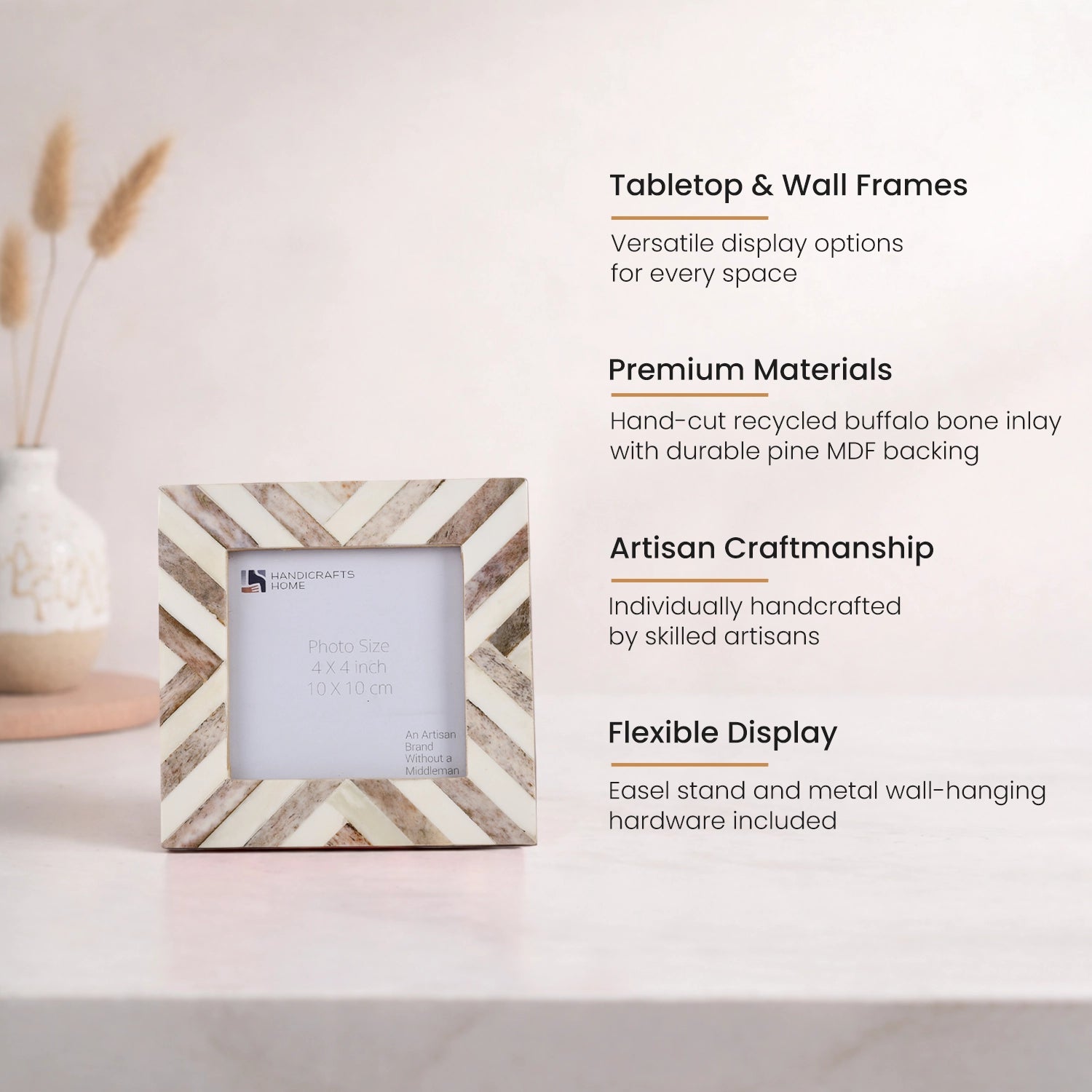 Baby Picture Frames Chevron Pattern Bone Inlay 4"x4", Brown