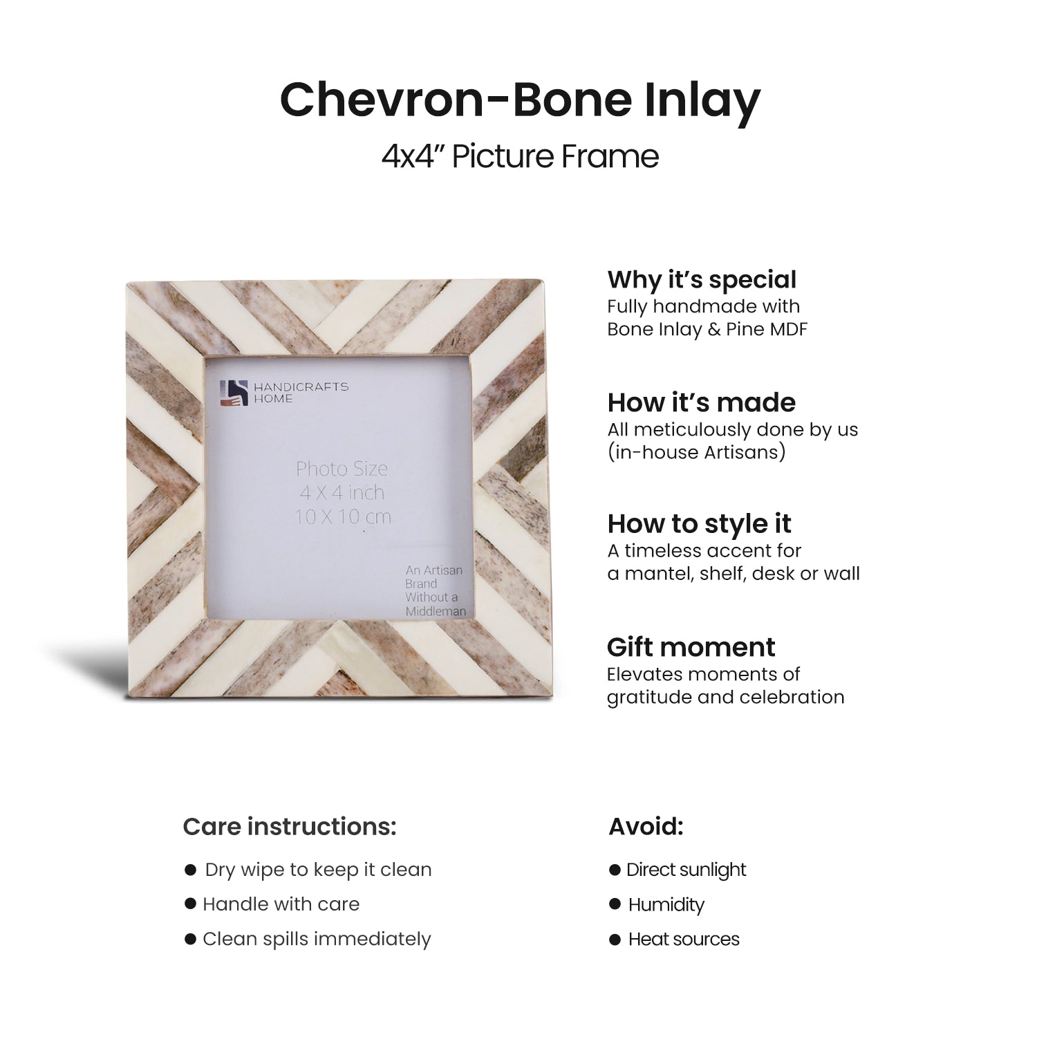 Baby Picture Frames Chevron Pattern Bone Inlay 4"x4", Brown