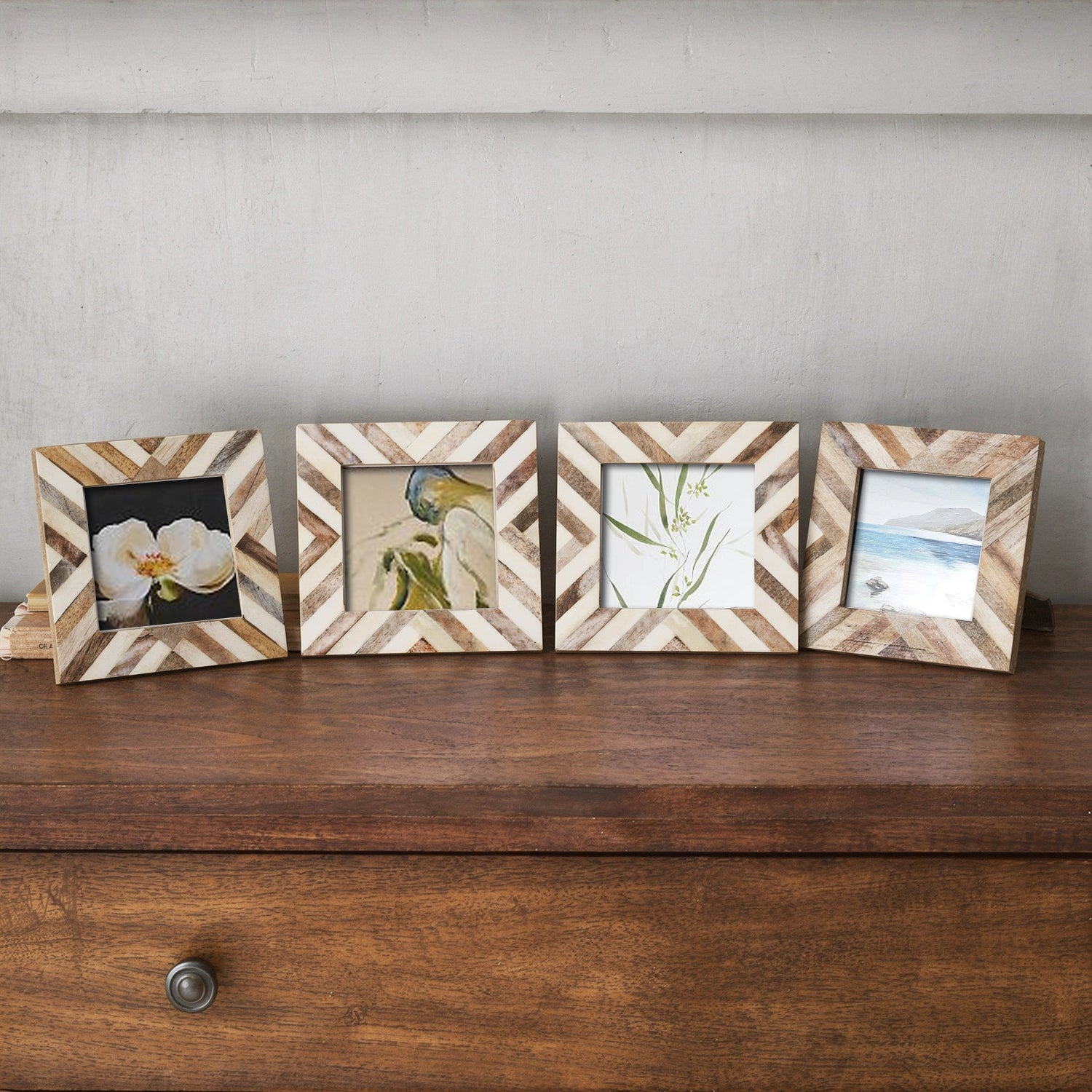 Baby Picture Frames Chevron Pattern Bone Inlay 4"x4", Brown