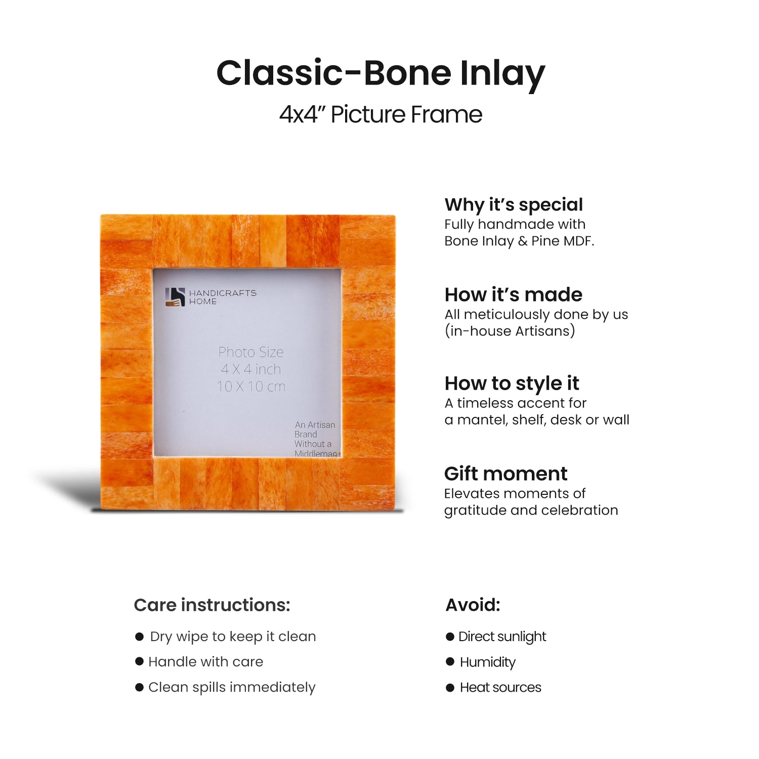 Baby Picture Frames Classic Pattern Bone Inlay Combo 4"x4", Orange