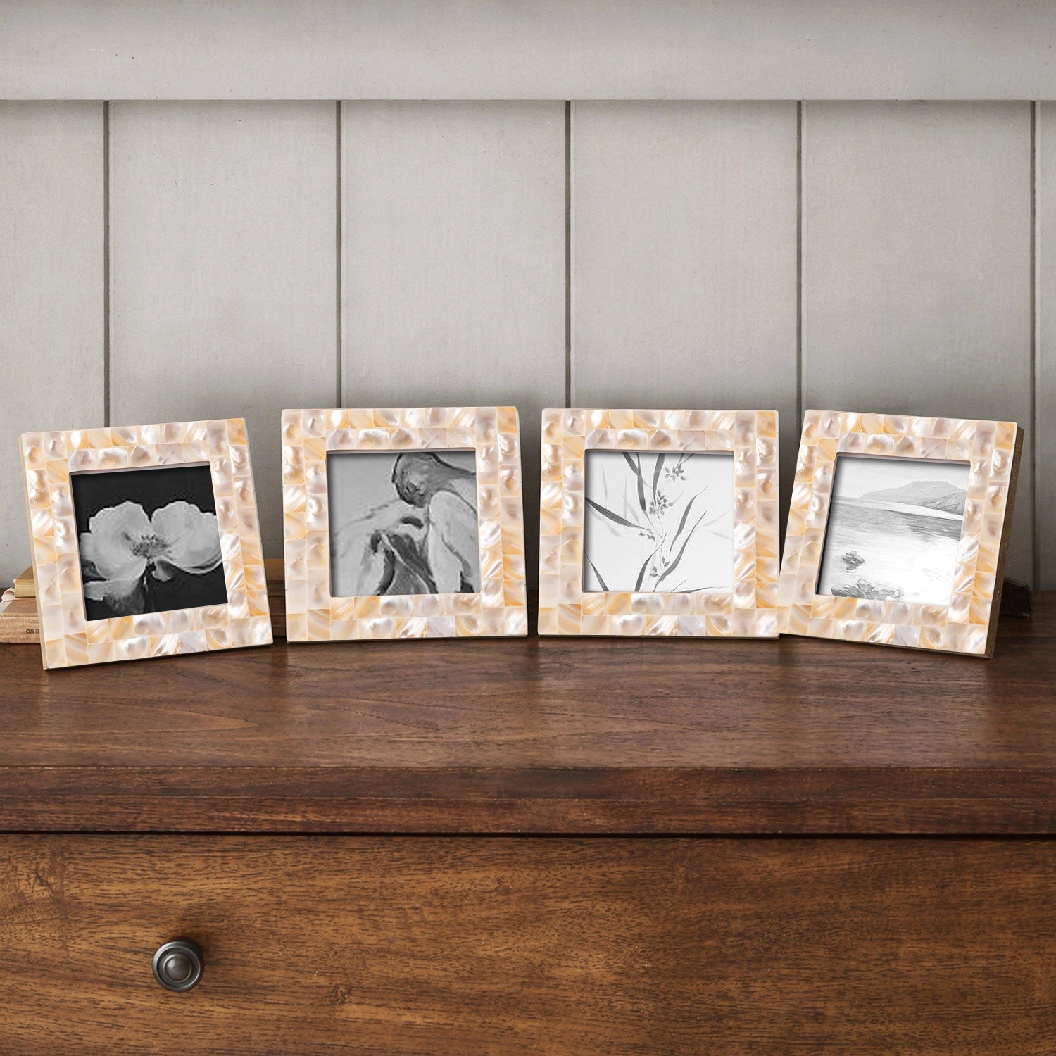 Square Baby Picture Frames Mother of Pearl 4"x4" , White