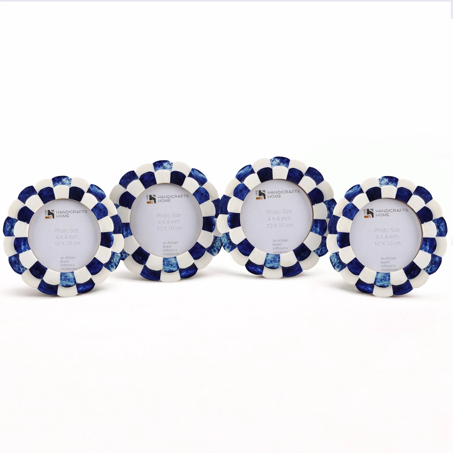 Round Baby Picture Frames Scalloped Pattern Bone Inlay 4"x4", Blue