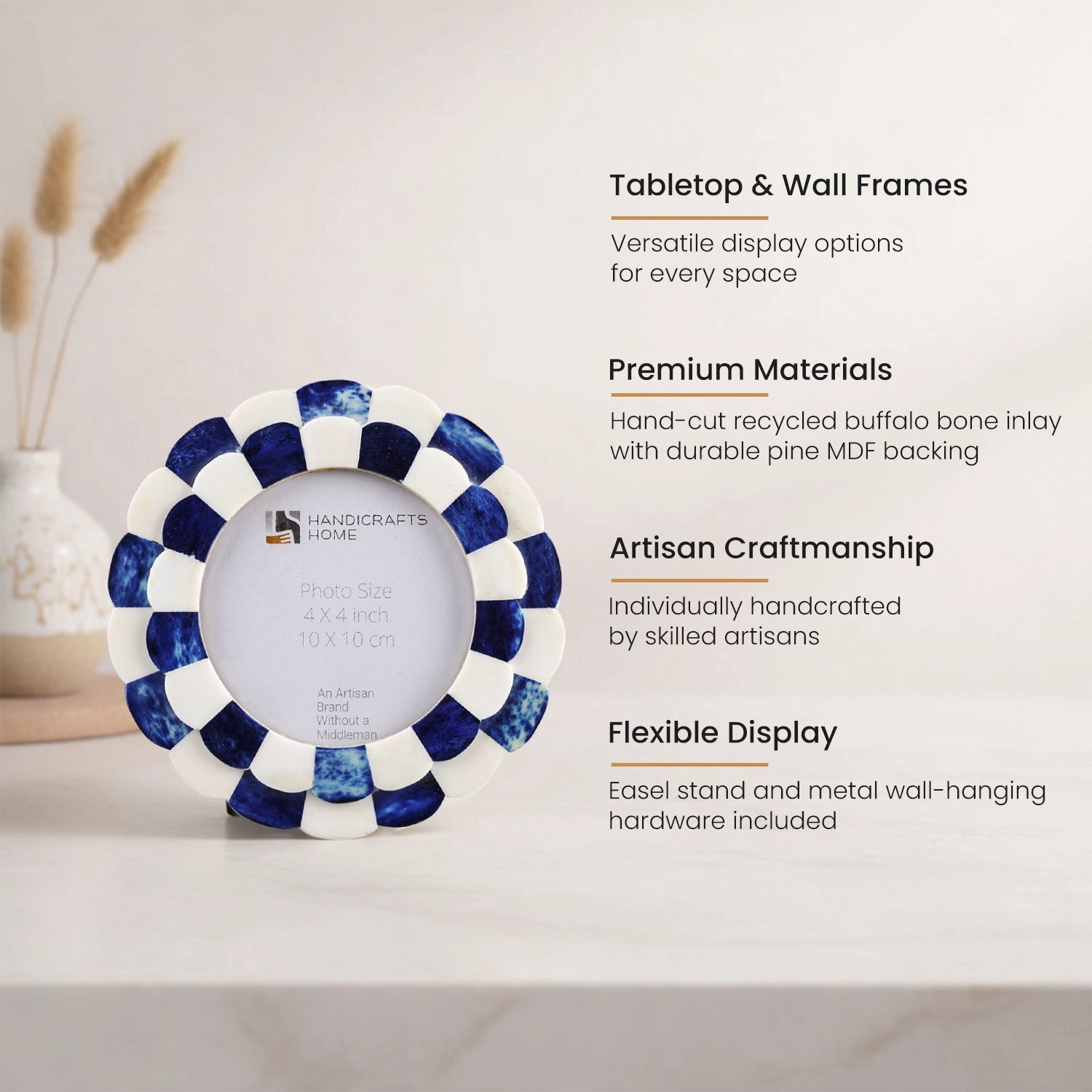 Round Baby Picture Frames Scalloped Pattern Bone Inlay 4"x4", Blue