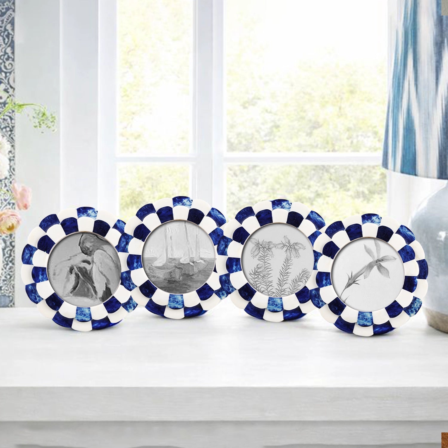 Round Baby Picture Frames Scalloped Pattern Bone Inlay 4"x4", Blue