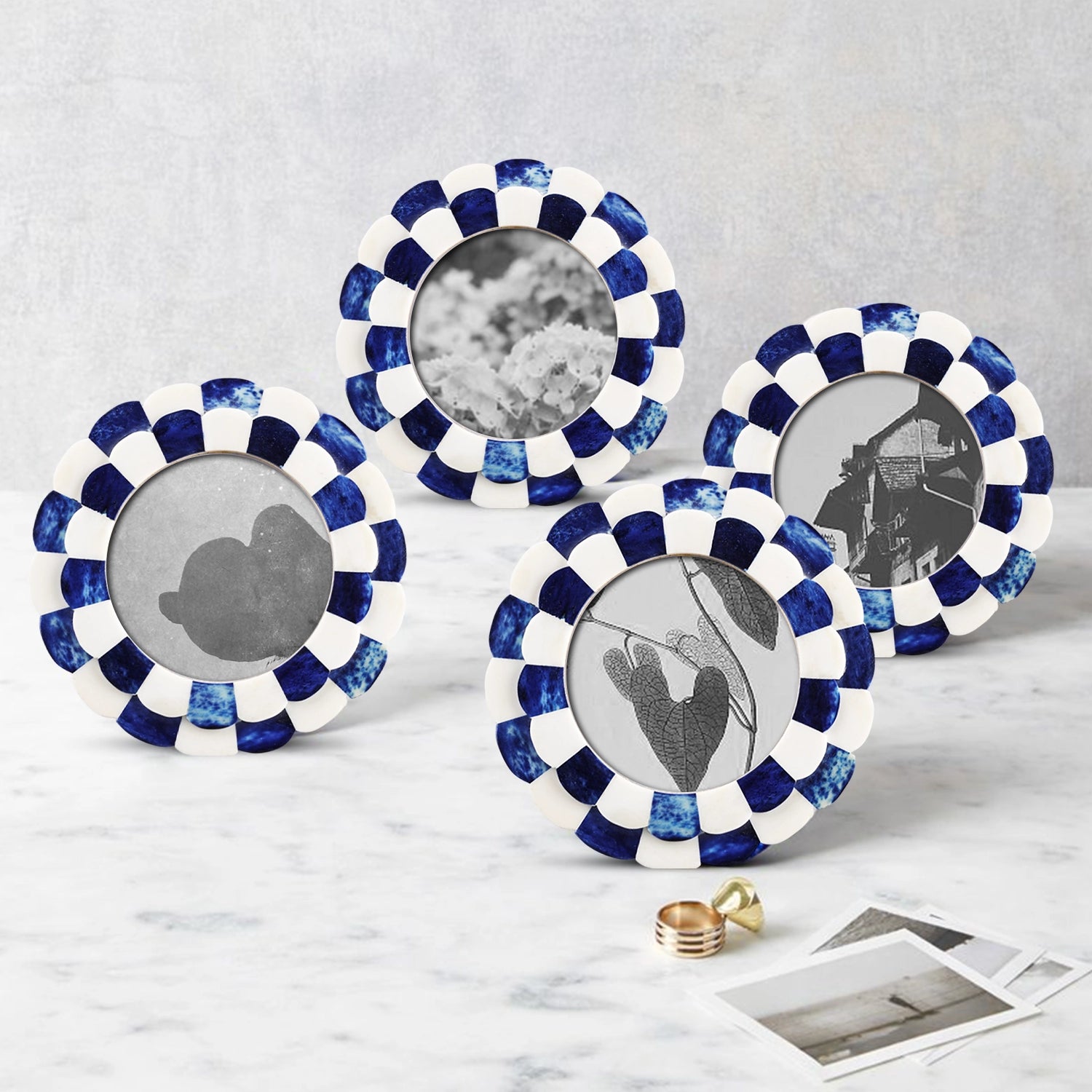 Round Baby Picture Frames Scalloped Pattern Bone Inlay 4"x4", Blue