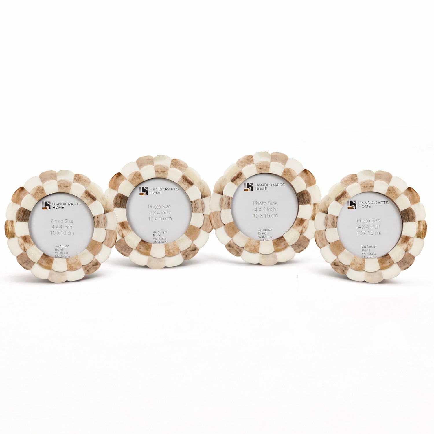 Round Baby Picture Frames Scalloped Pattern Bone Inlay 4"x4", Brown