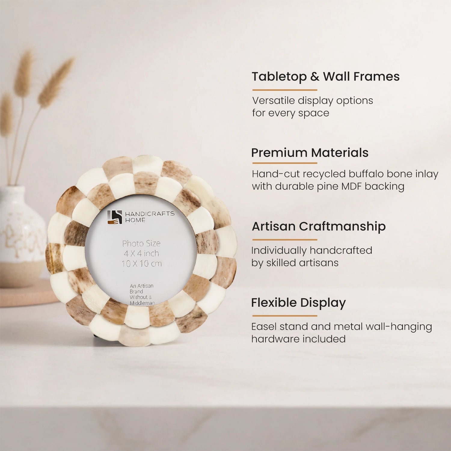 Round Baby Picture Frames Scalloped Pattern Bone Inlay 4"x4", Brown