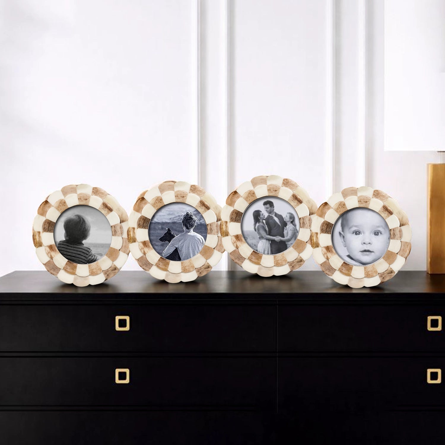 Round Baby Picture Frames Scalloped Pattern Bone Inlay 4"x4", Brown