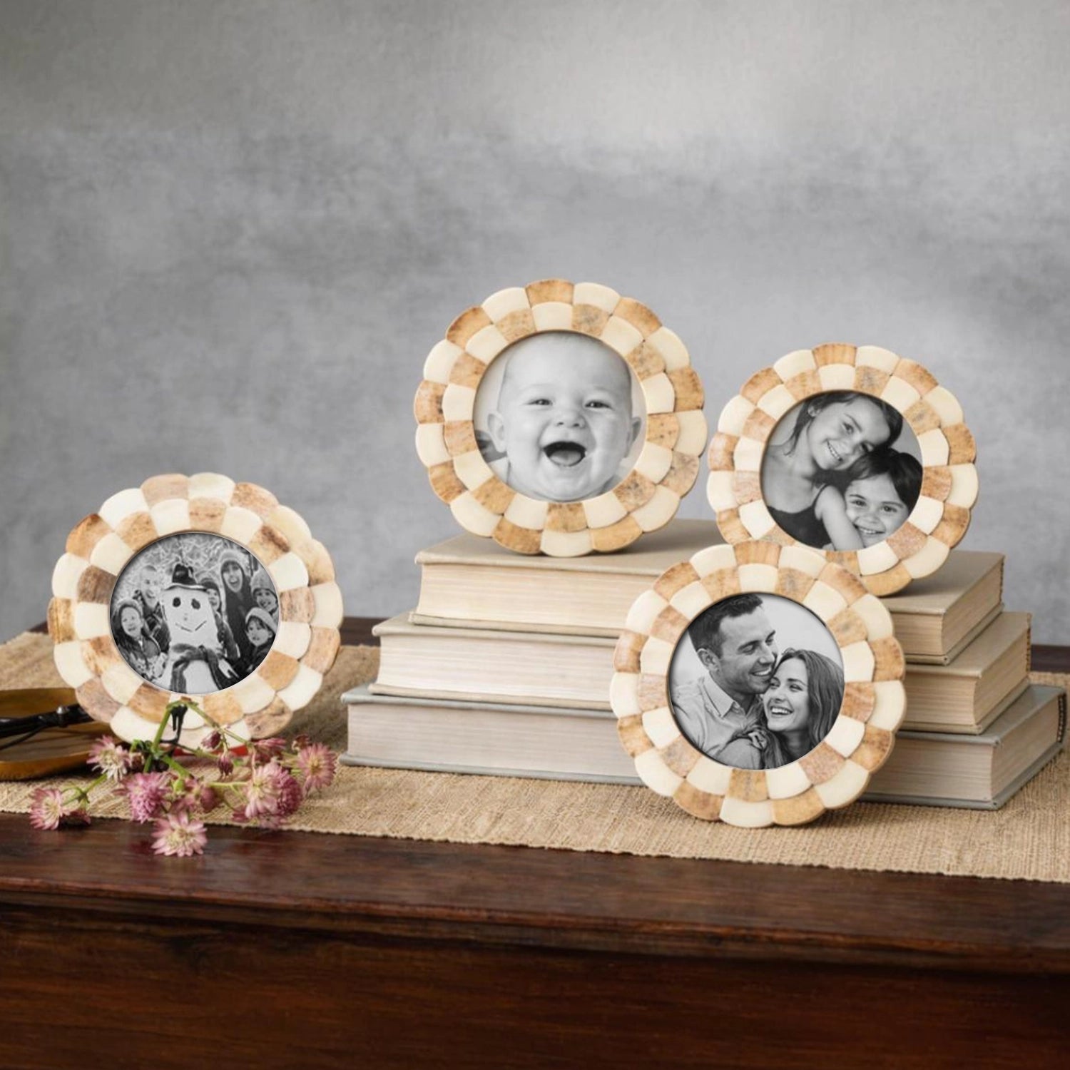Round Baby Picture Frames Scalloped Pattern Bone Inlay 4"x4", Brown
