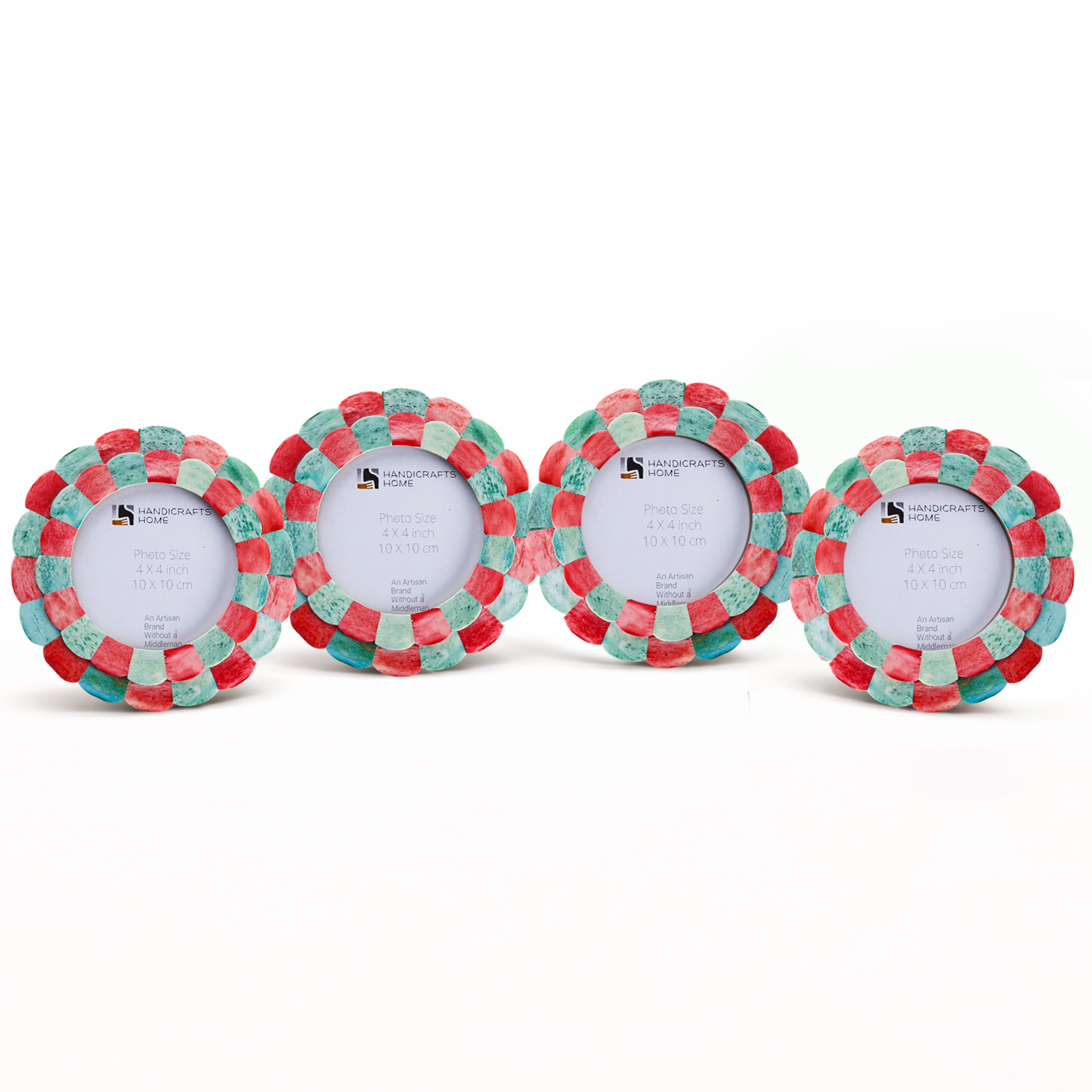 Round Baby Picture Frames Scalloped Pattern Bone Inlay 4"x4", Green, Red