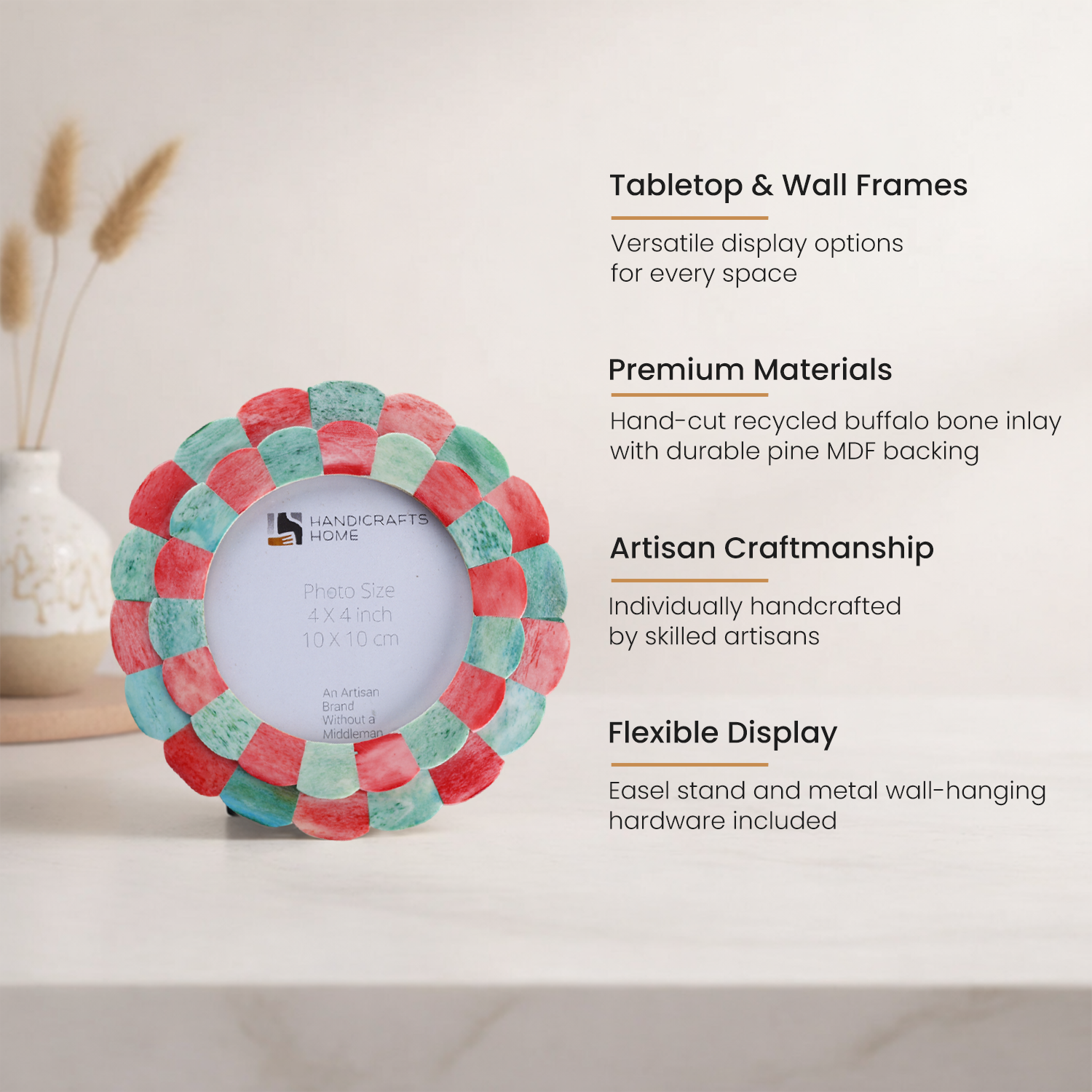 Round Baby Picture Frames Scalloped Pattern Bone Inlay 4"x4", Green, Red