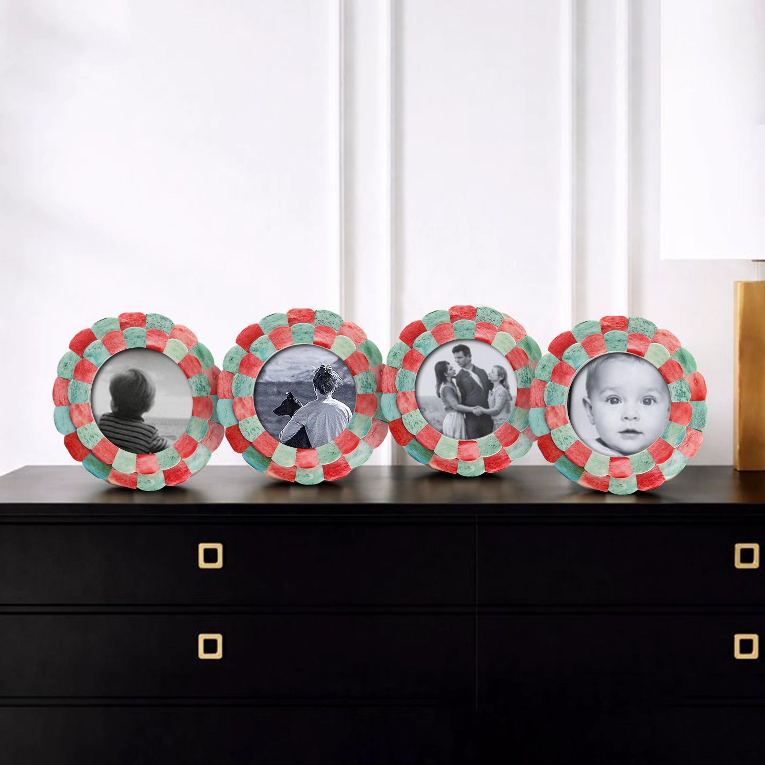 Round Baby Picture Frames Scalloped Pattern Bone Inlay 4"x4", Green, Red