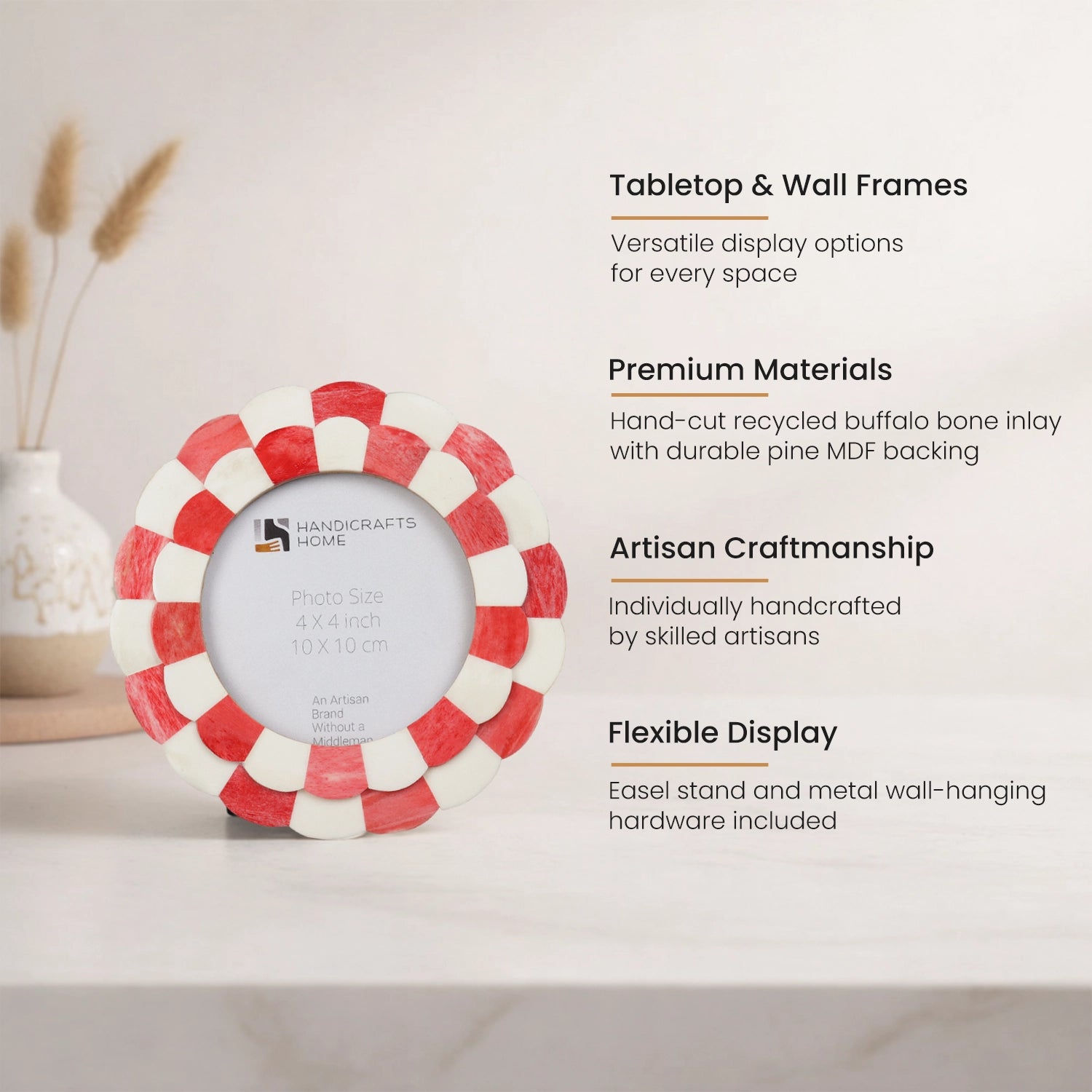 Round Baby Picture Frames Scalloped Pattern Bone Inlay 4"x4", Red