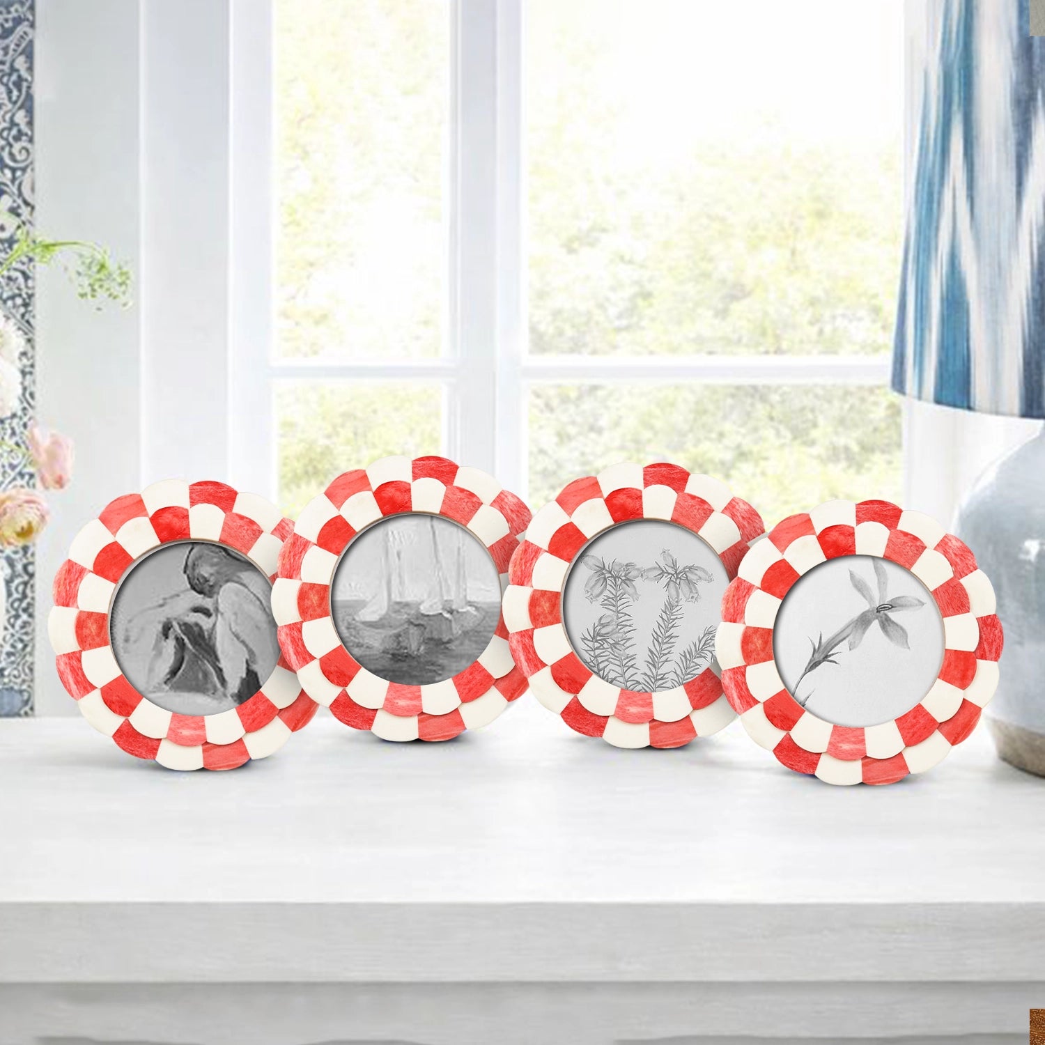 Round Baby Picture Frames Scalloped Pattern Bone Inlay 4"x4", Red