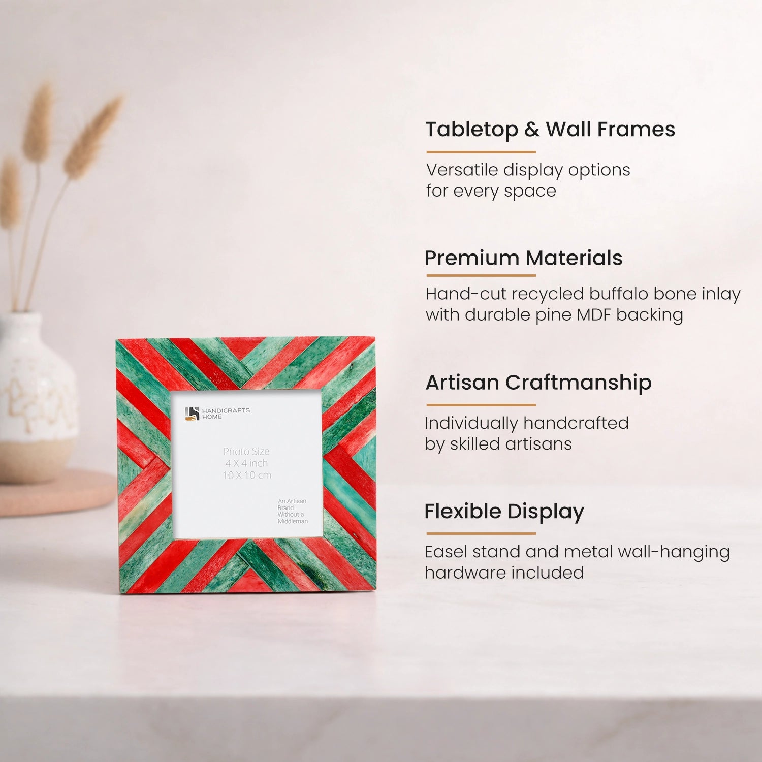 Baby Picture Frames Chevron Pattern Bone Inlay 4"x4", Green & Red