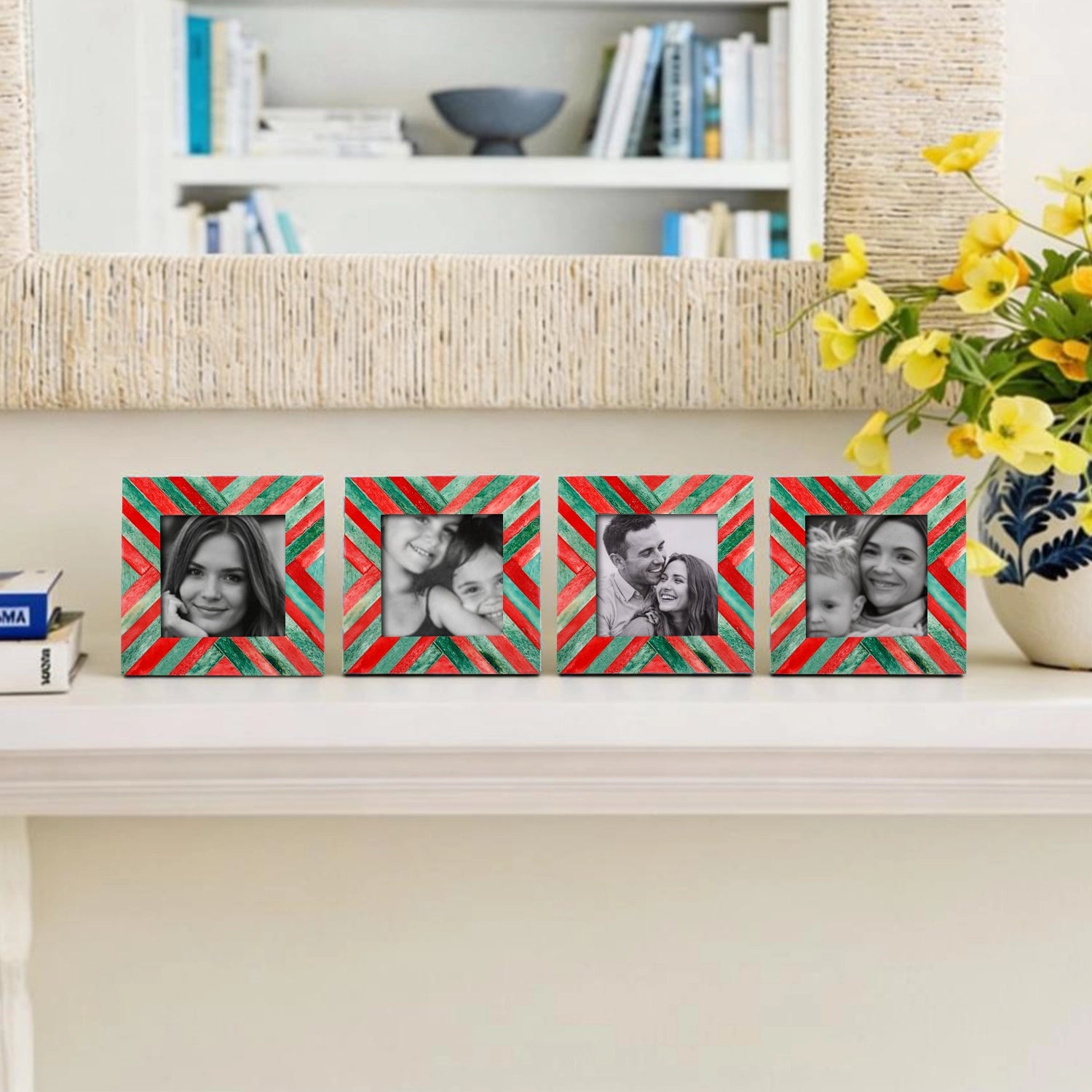 Baby Picture Frames Chevron Pattern Bone Inlay 4"x4", Green & Red