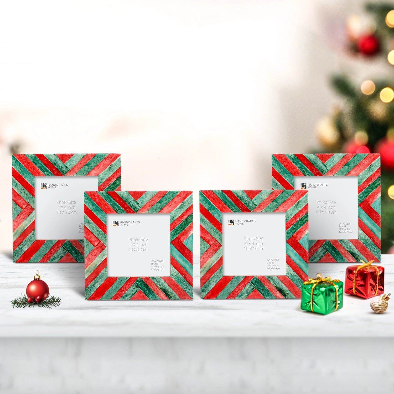 Baby Picture Frames Chevron Pattern Bone Inlay 4"x4", Green & Red
