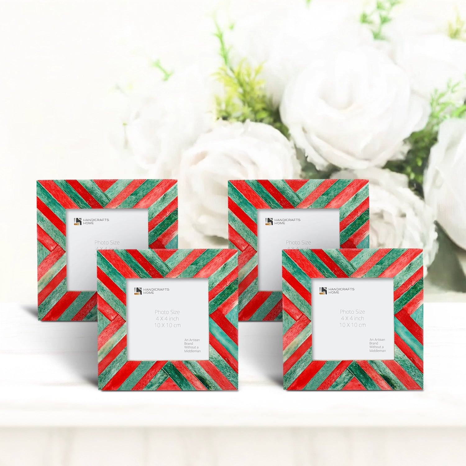 Baby Picture Frames Chevron Pattern Bone Inlay 4"x4", Green & Red