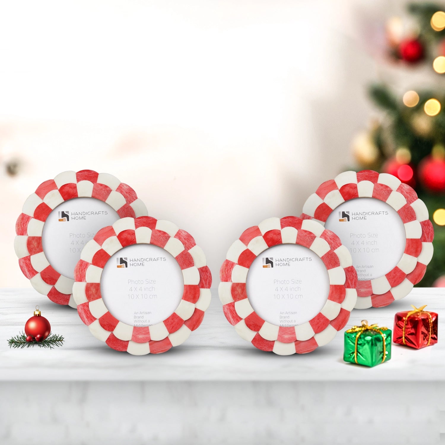 Round Baby Picture Frames Scalloped Pattern Bone Inlay 4"x4", Red