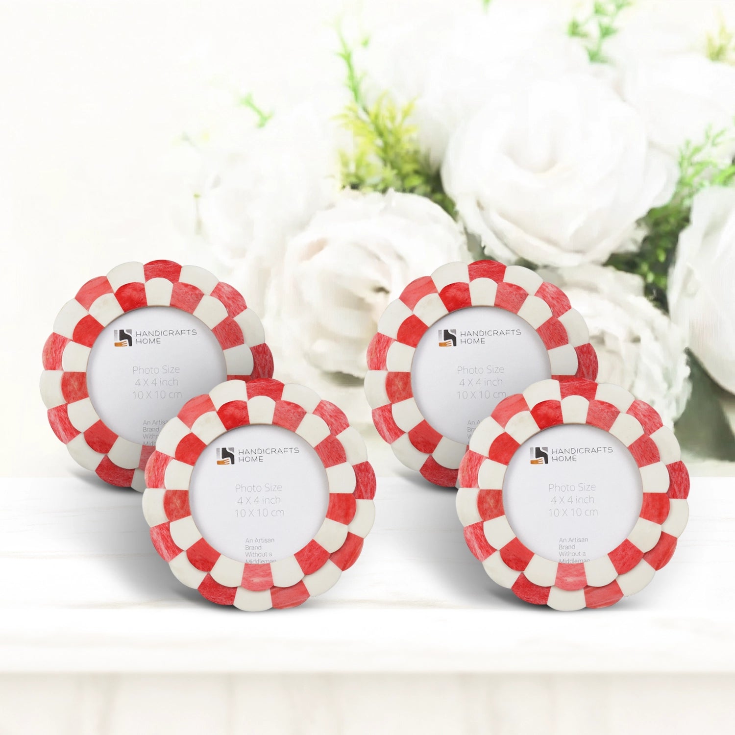 Round Baby Picture Frames Scalloped Pattern Bone Inlay 4"x4", Red