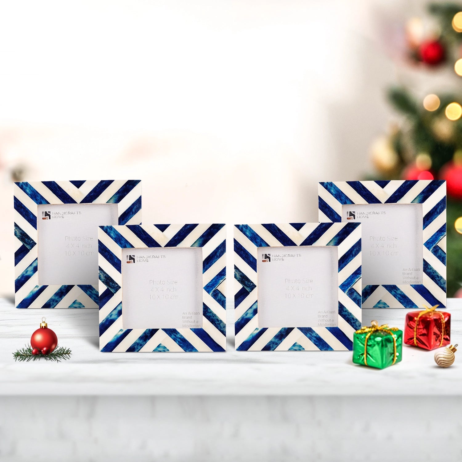 Baby Picture Frames Chevron Pattern Bone Inlay 4"x4", Blue