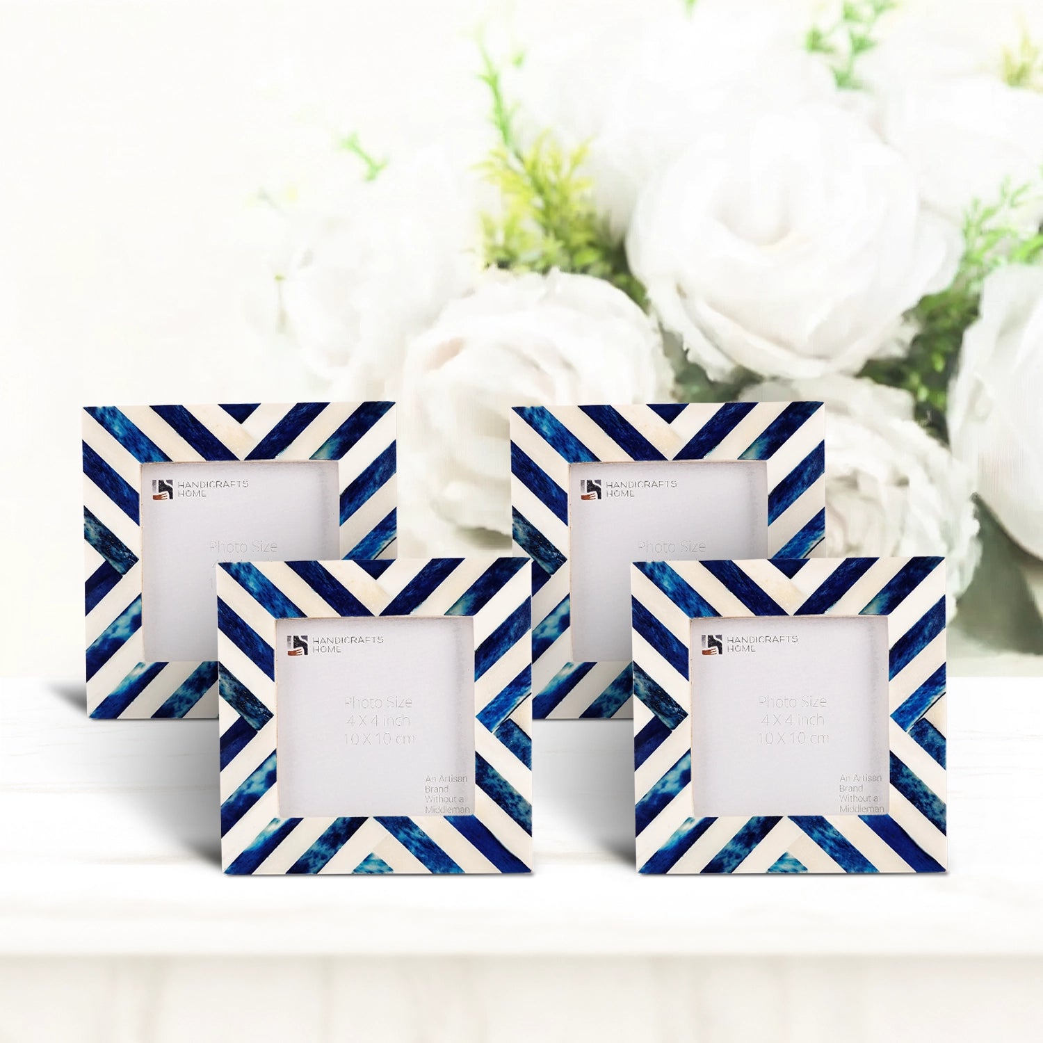 Baby Picture Frames Chevron Pattern Bone Inlay 4"x4", Blue