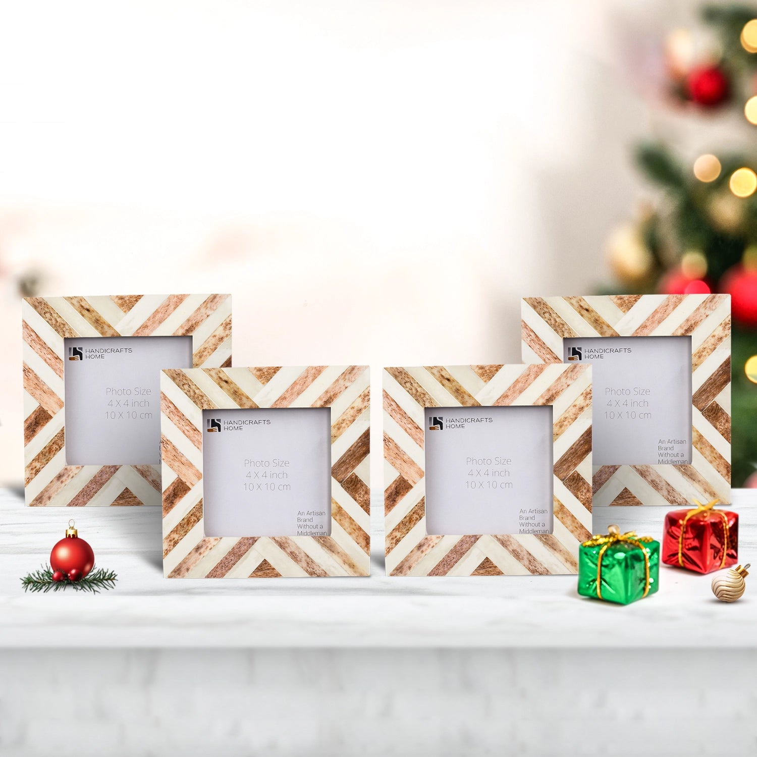Baby Picture Frames Chevron Pattern Bone Inlay 4"x4", Brown