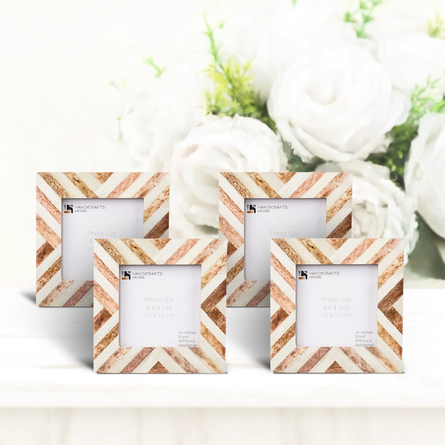 Baby Picture Frames Chevron Pattern Bone Inlay 4"x4", Brown