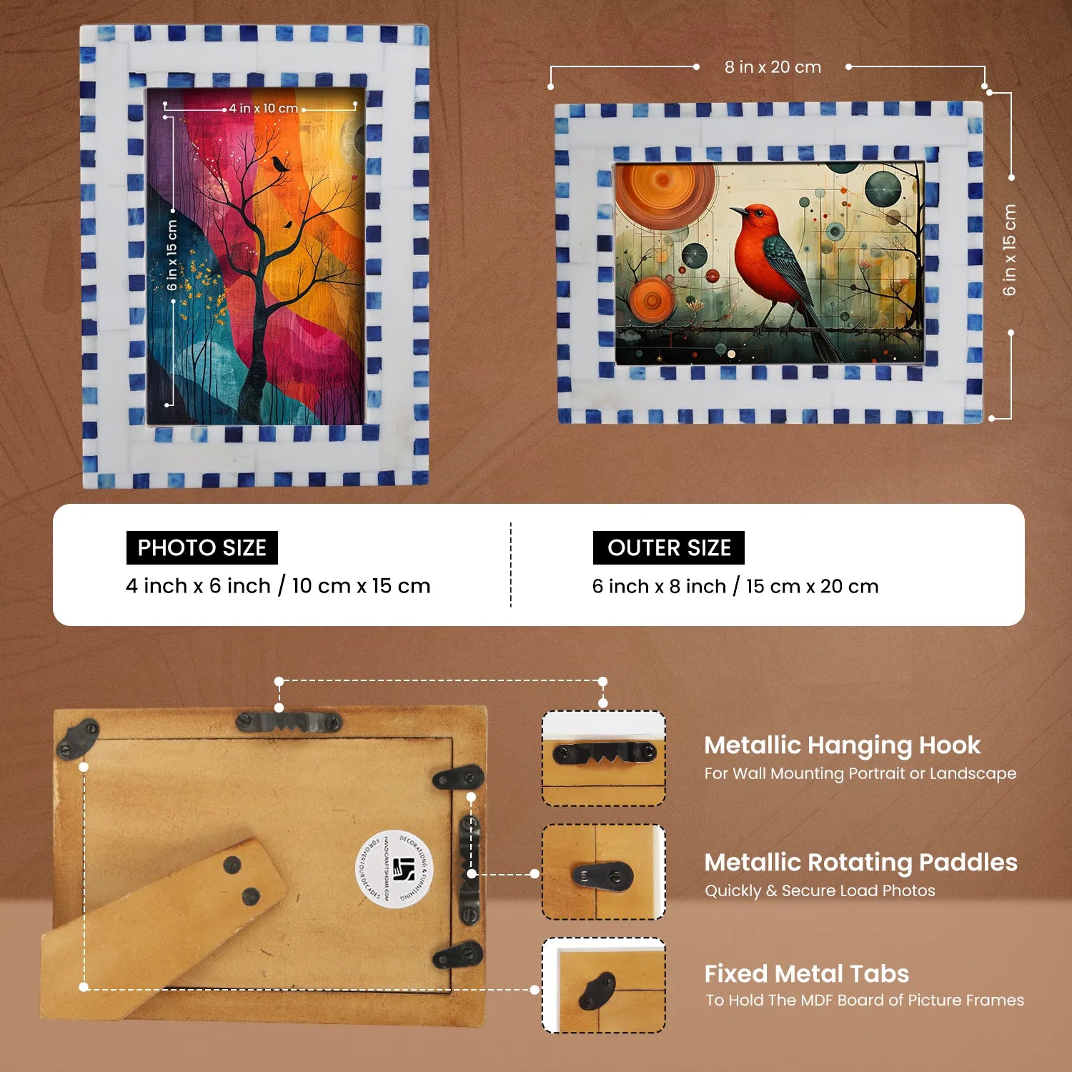 Handmade Bone Inlay Blue Picture Frame - Checkered Pattern in 4x6 & 5x7