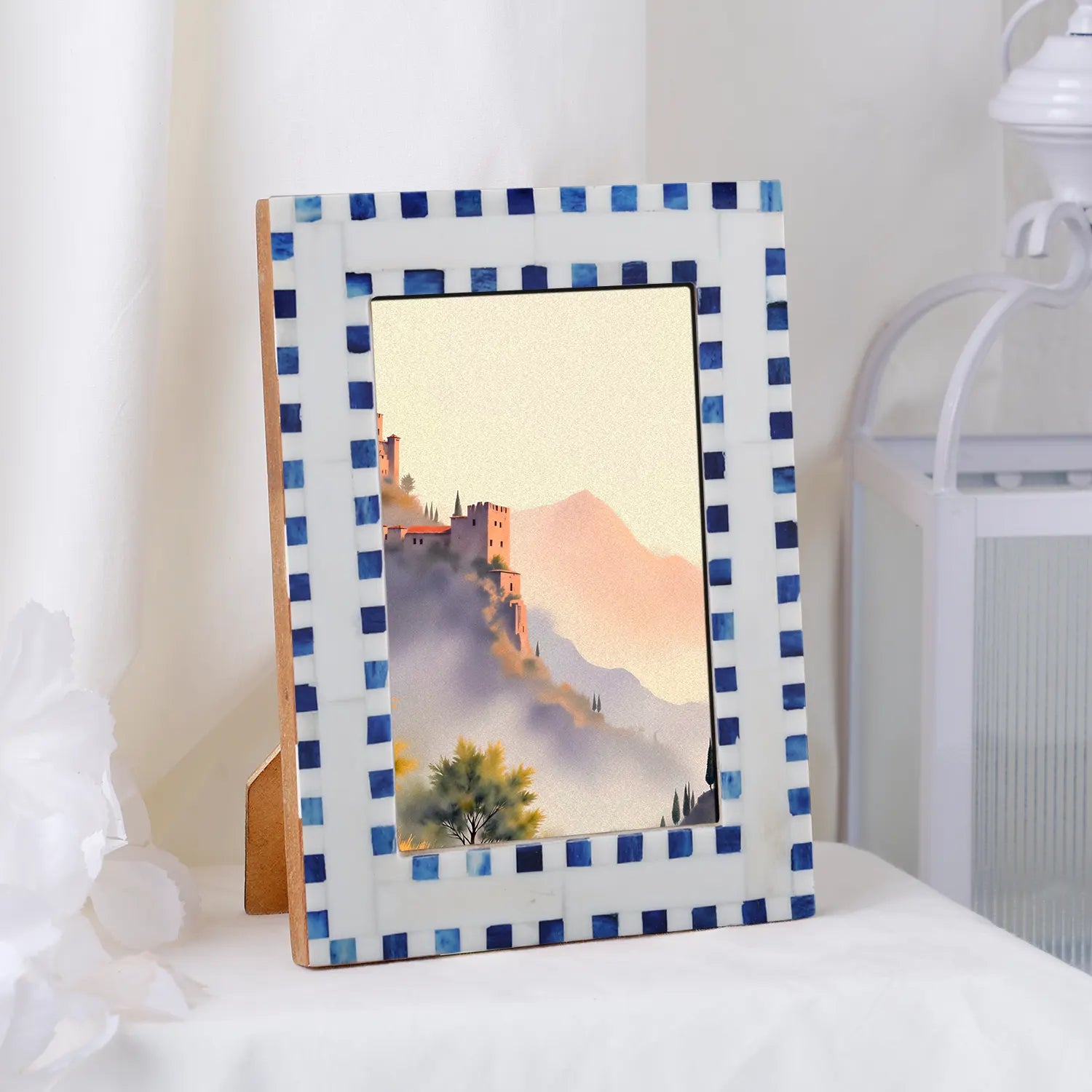 Handmade Bone Inlay Blue Picture Frame - Checkered Pattern in 4x6 & 5x7