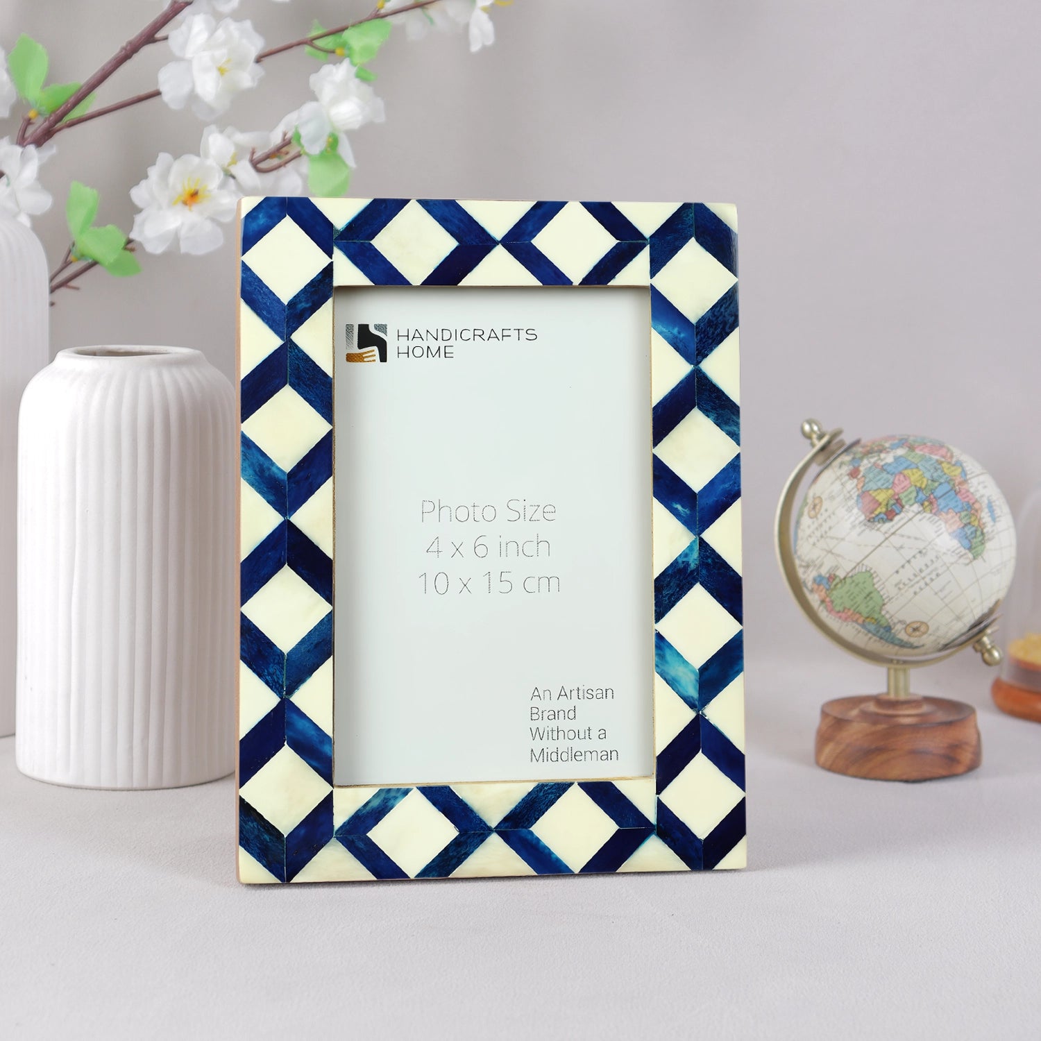 Blue & White Diamond Pattern Bone Inlay Picture Frame - 4x6 & 5x7