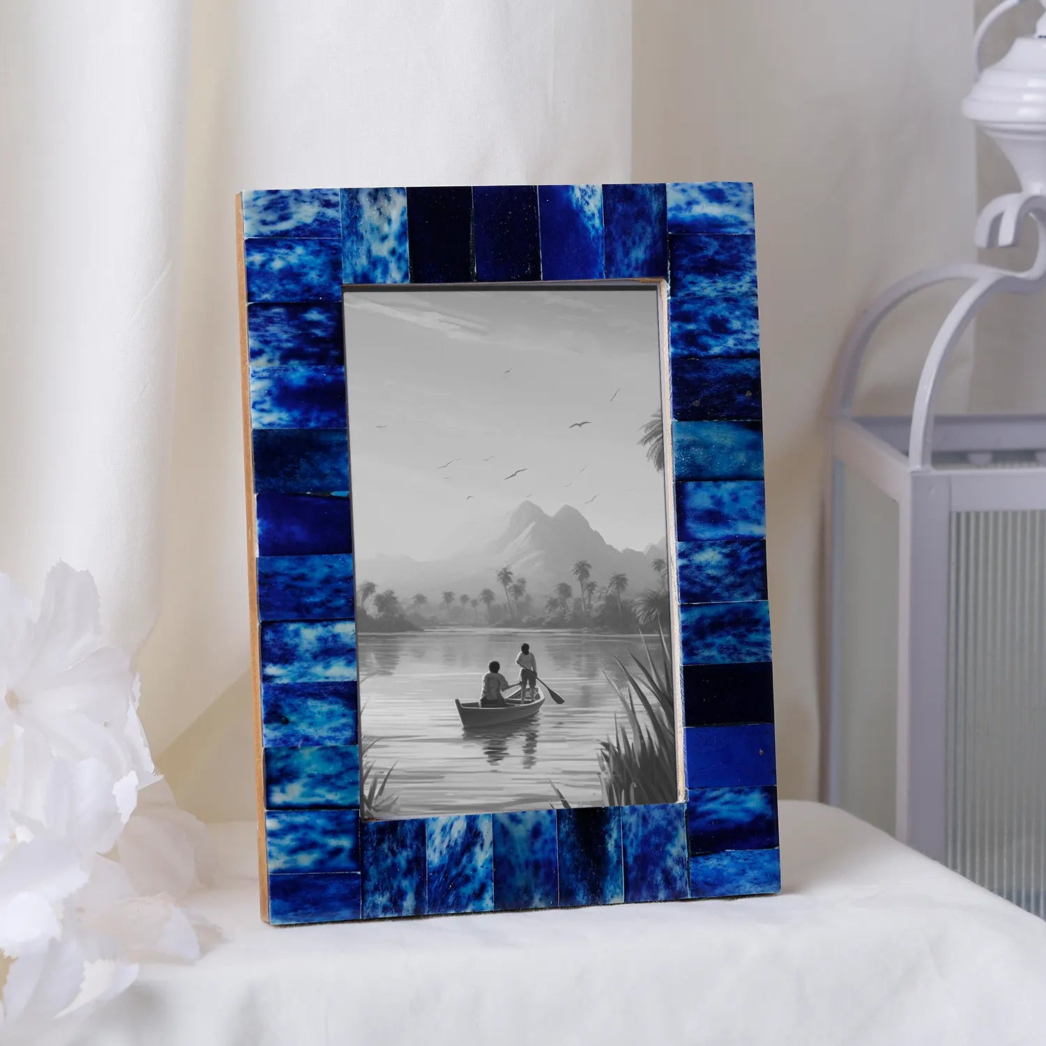 Classic Blue Picture Frame- Bone Inlay & Wood in 4x6