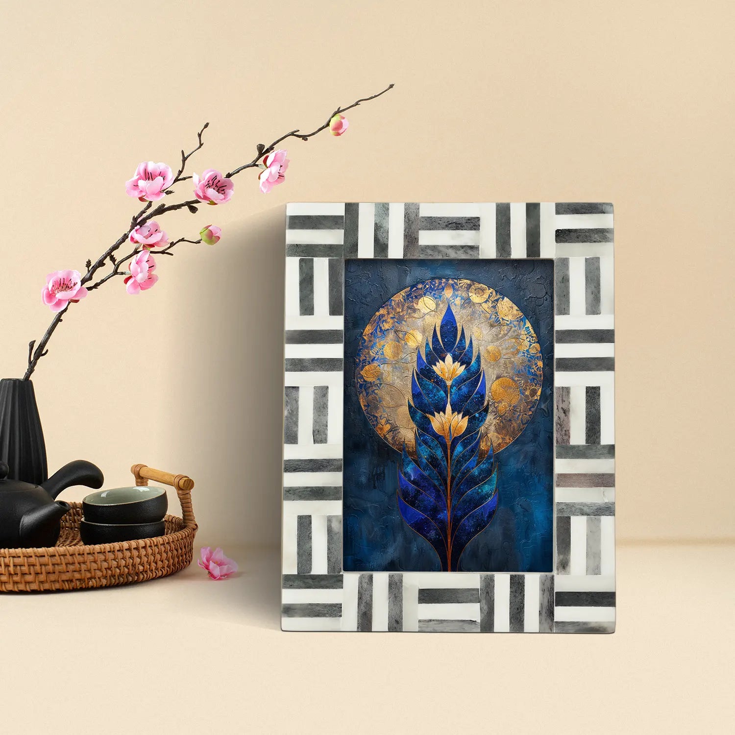 Grey & White Bone Inlay Brick Pattern Frame 4x6 & 5x7