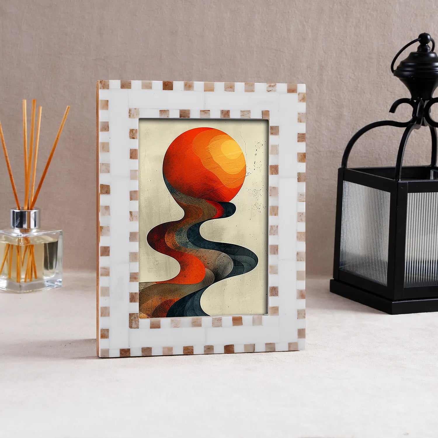 Handmade Bone Inlay Brown Picture Frame - Checkered Pattern in 4x6 & 5x7