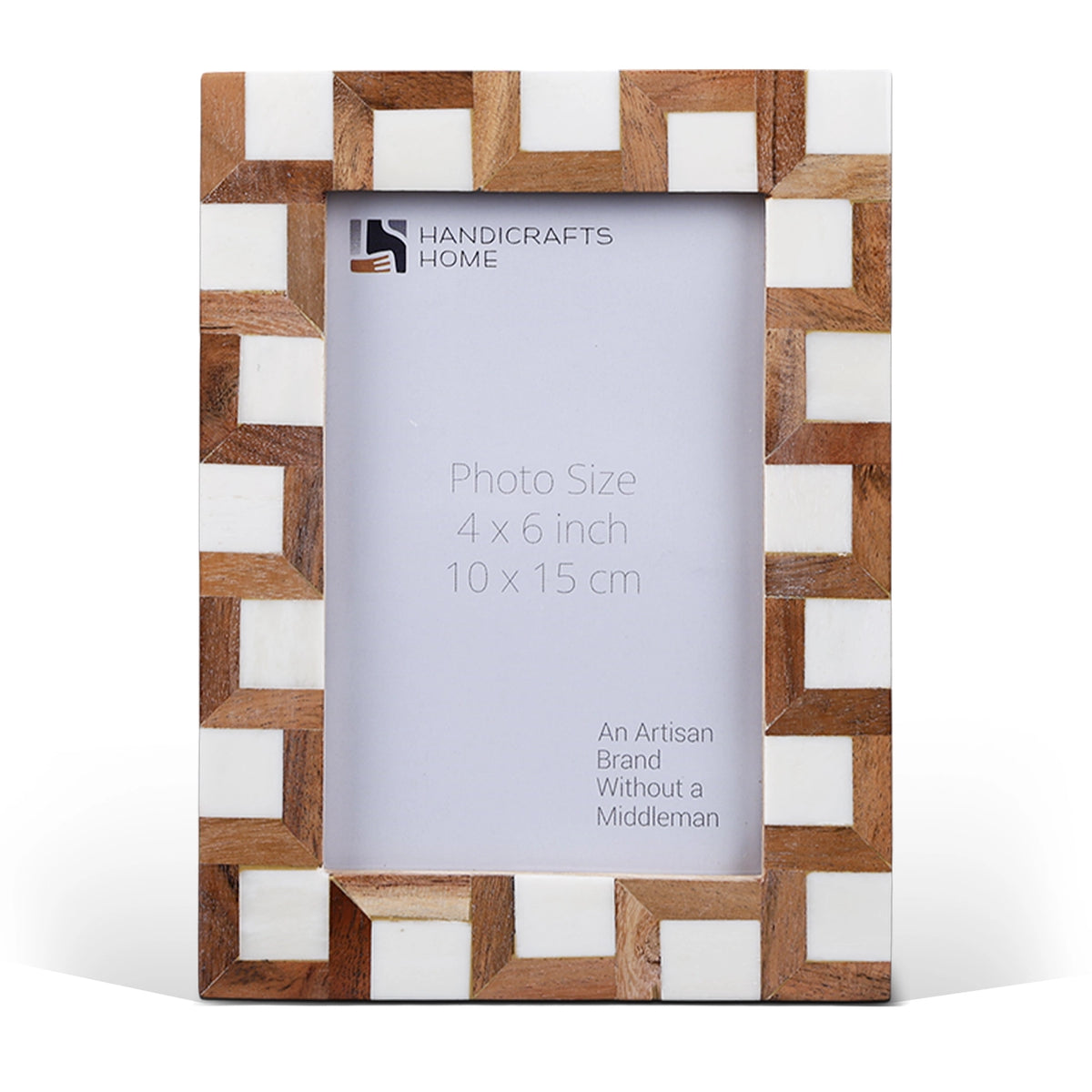 Handmade Brown White Wood & Bone Inlay Interlock Photo Frame, 2 Sizes, for tabletop or wall display