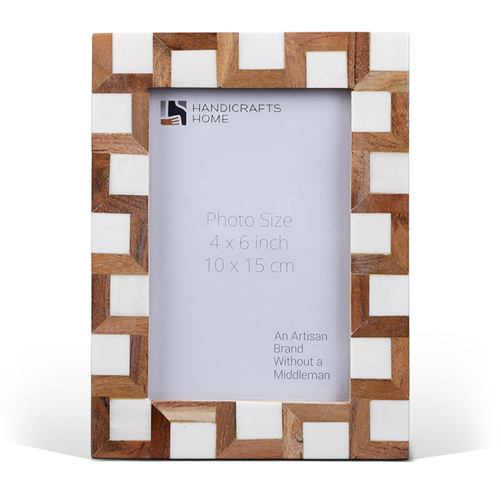 Handmade Brown White Wood & Bone Inlay Interlock Photo Frame, 2 Sizes, for tabletop or wall display