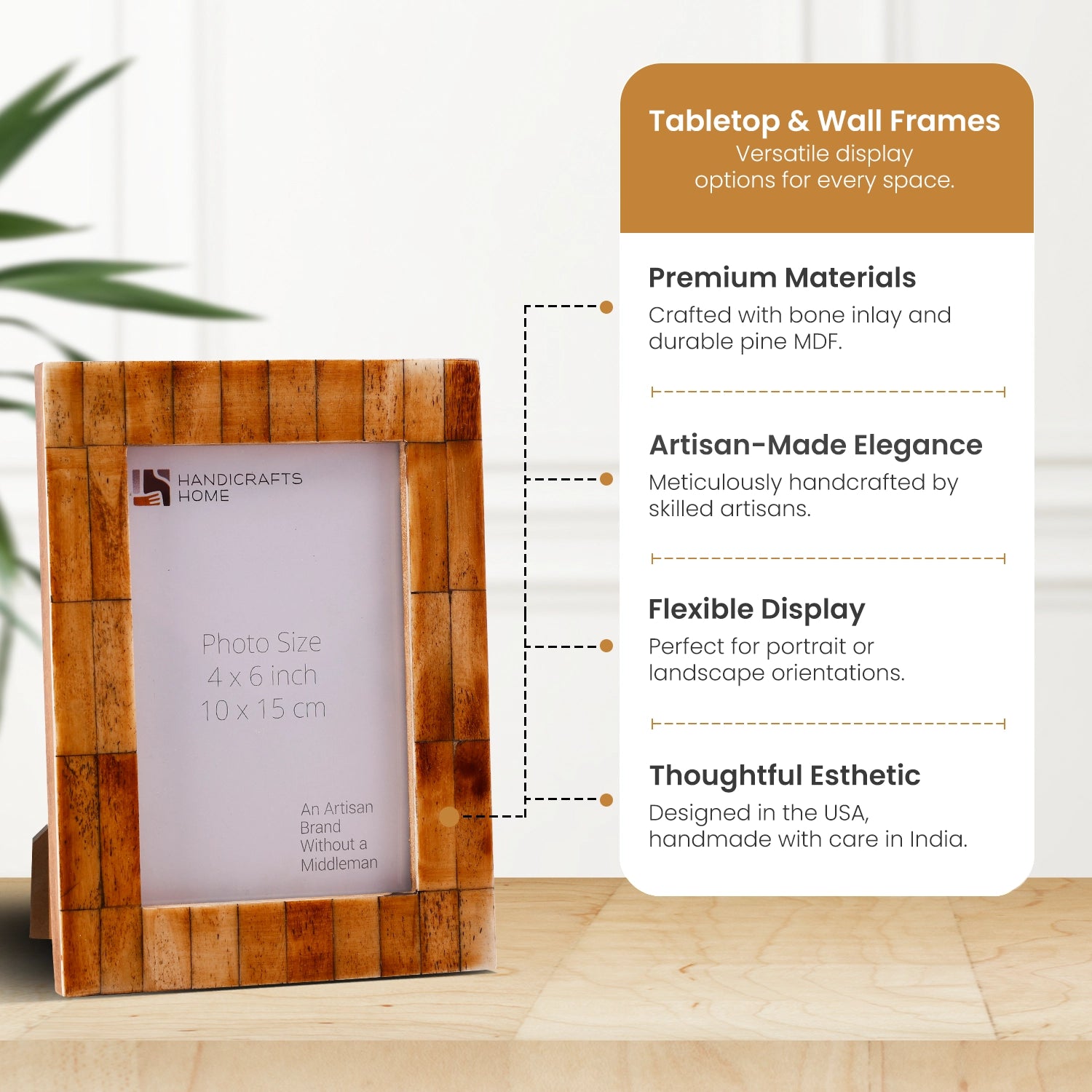 Antique Tile Brown Bone Inlay Frame - Desk & Wall Display, 2 Sizes