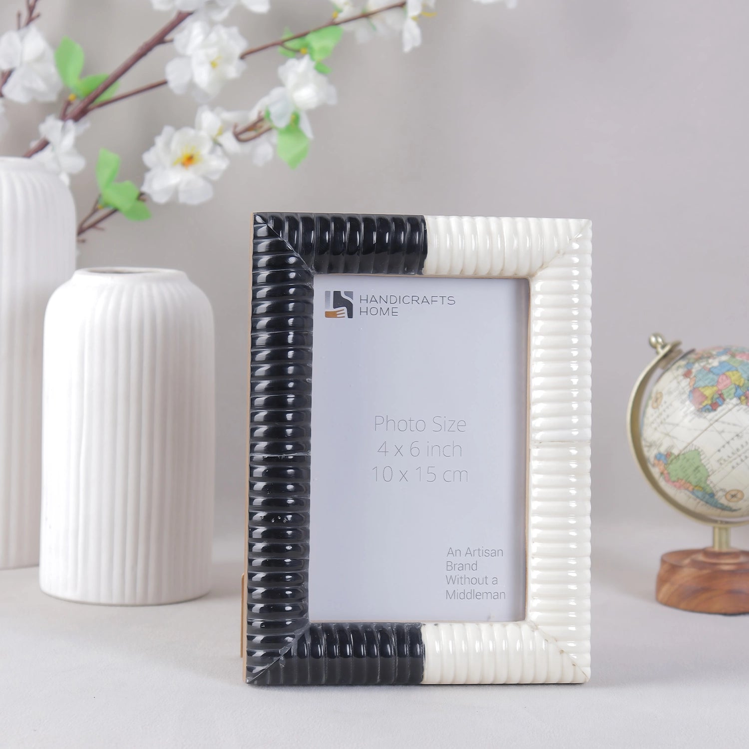 Ridged Black & White Bone & Resin Inlay Picture Frame- 4x6 & 5x7