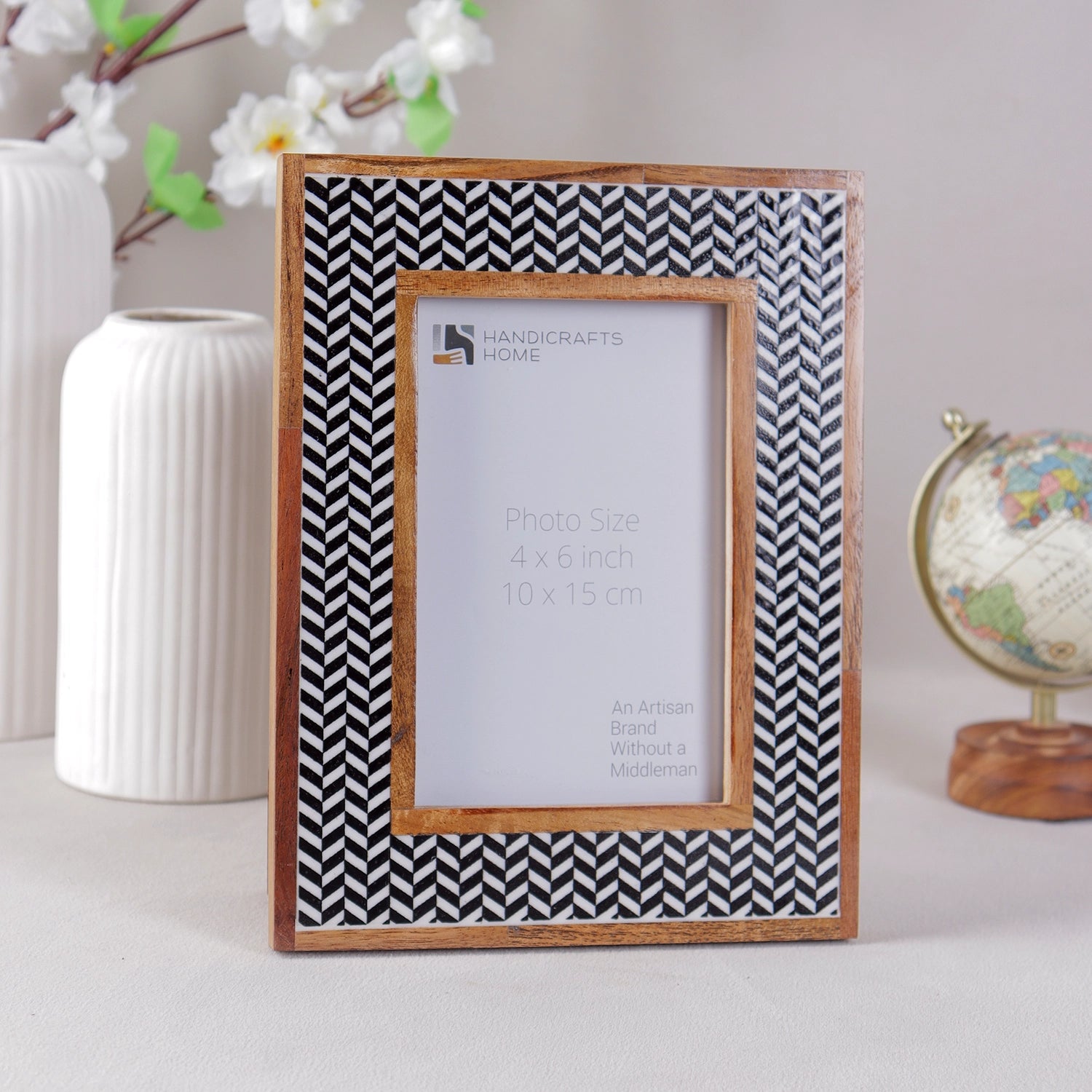 Chevron Herringbone Resin Inlay Picture Frame with Wooden Border, Black & White