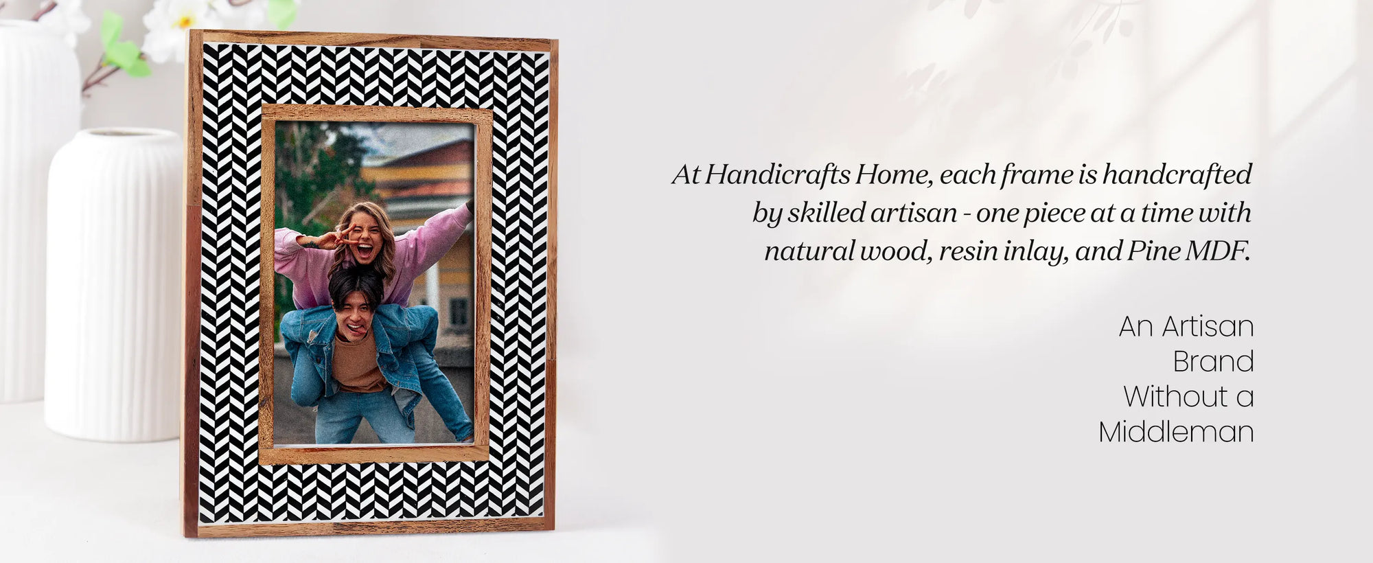 Chevron Herringbone Resin Inlay Picture Frame with Wooden Border, Black & White